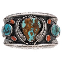 Navajo Turquoise and Coral Cuff Bracelet