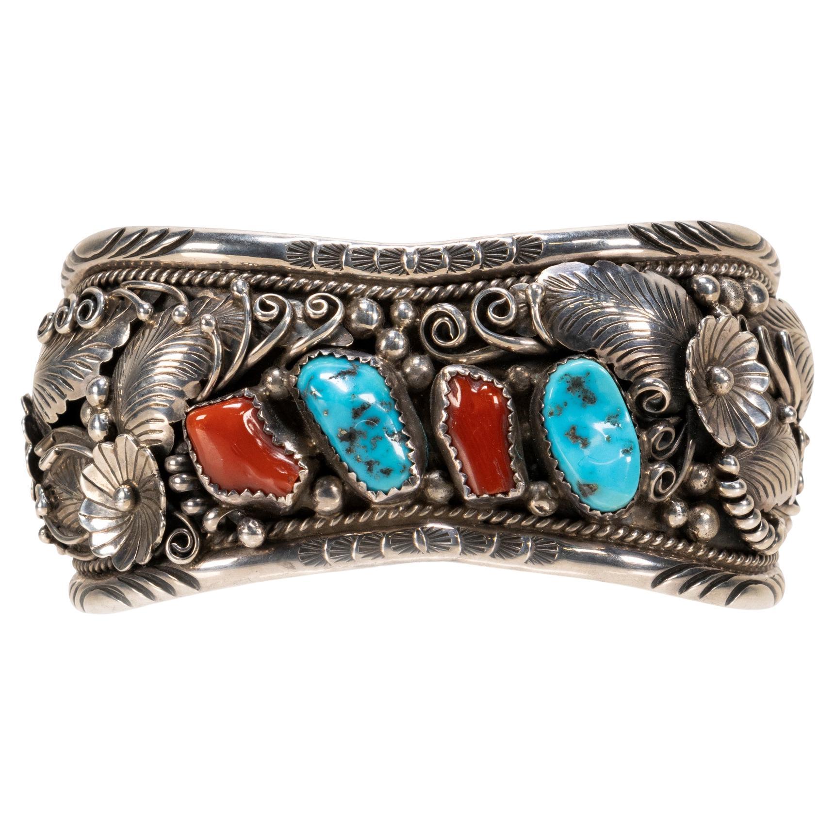 Navajo Turquoise and Coral Cuff Bracelet