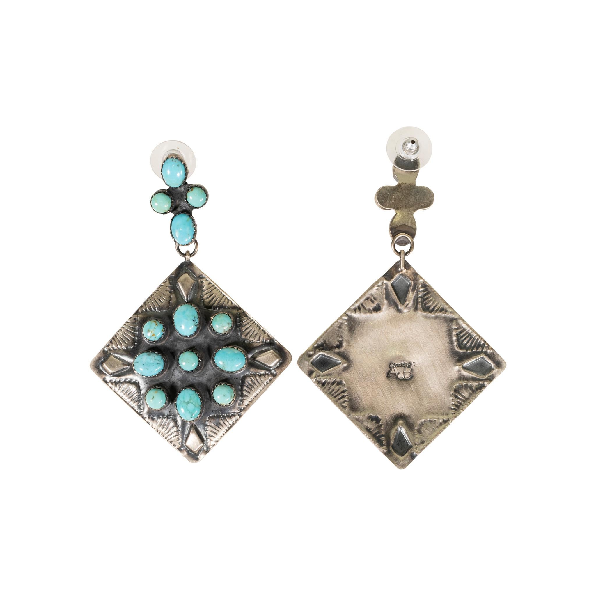 Native American Navajo Turquoise and Hand Stamped Silver Earrings