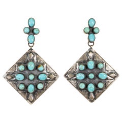 Retro Navajo Turquoise and Hand Stamped Silver Earrings