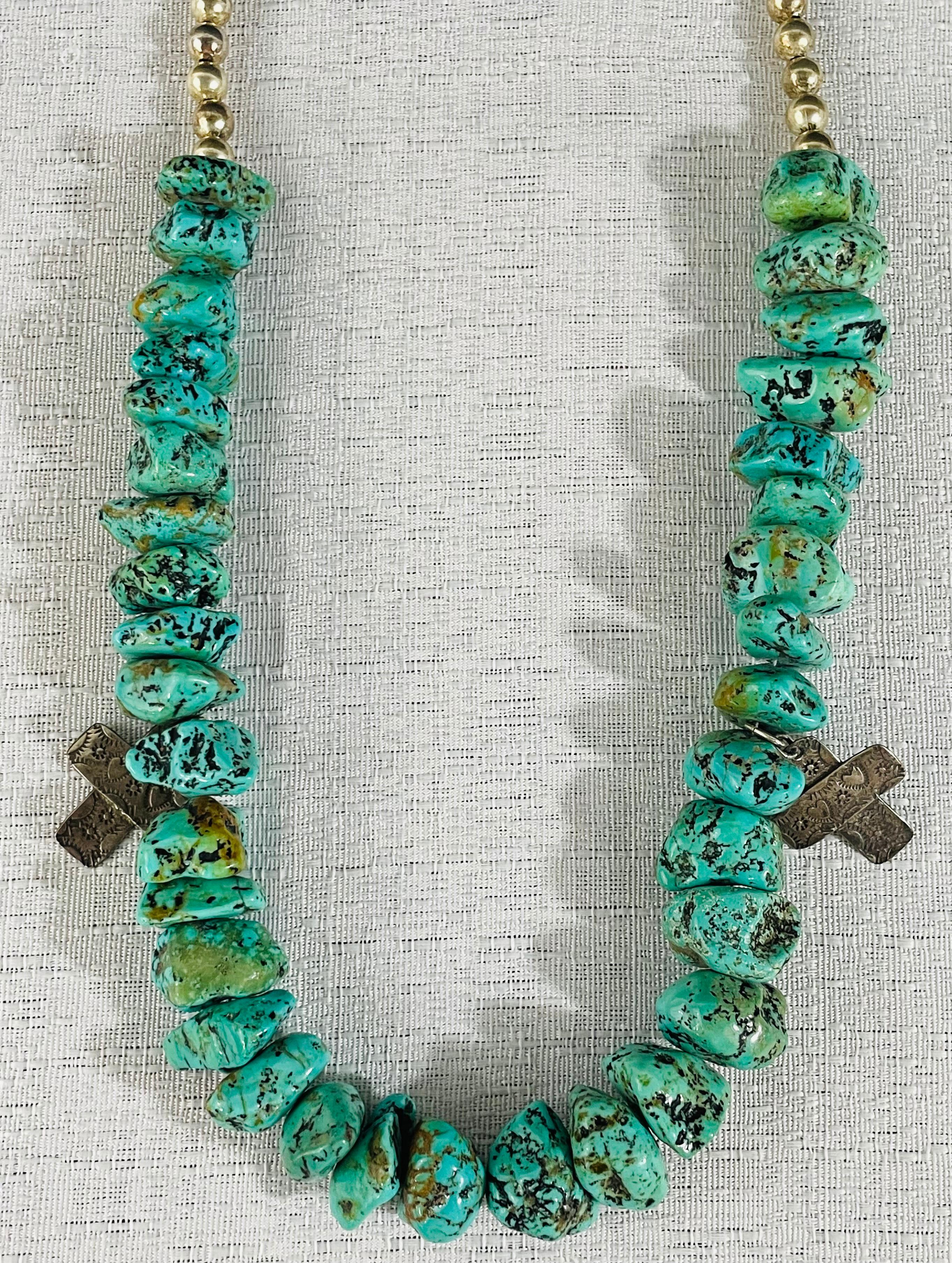 American Navajo Turquoise and Pearls Necklace with Sterling Silver Cross Pendants For Sale