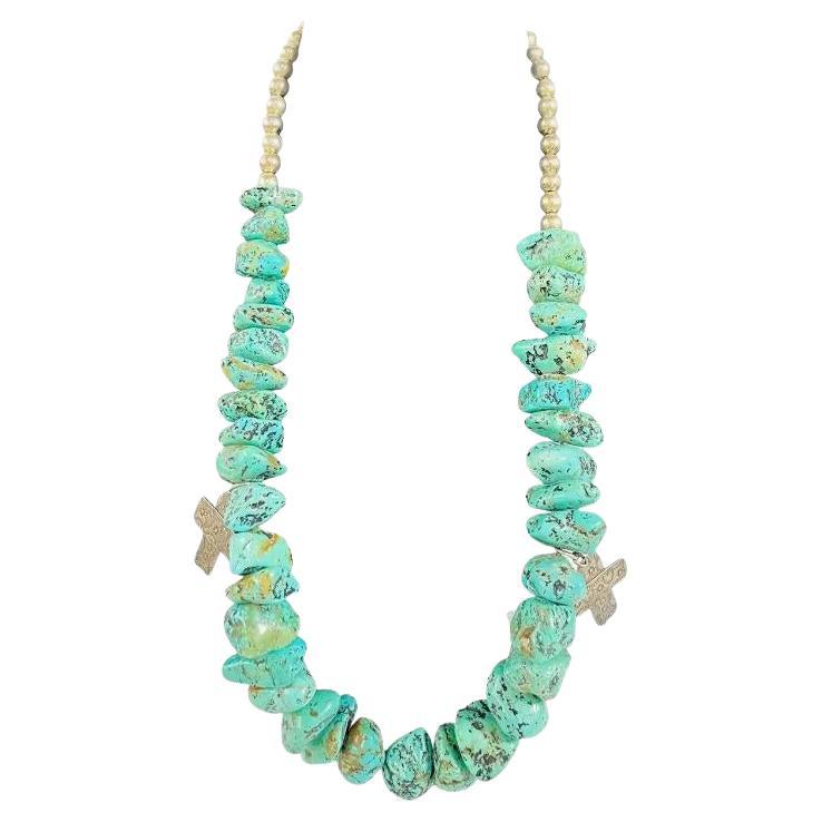 Navajo Turquoise and Pearls Necklace With Sterling Silver Cross Pendants For Sale
