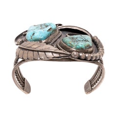 Navajo Turquoise and Silver Leaf Cuff Bracelet