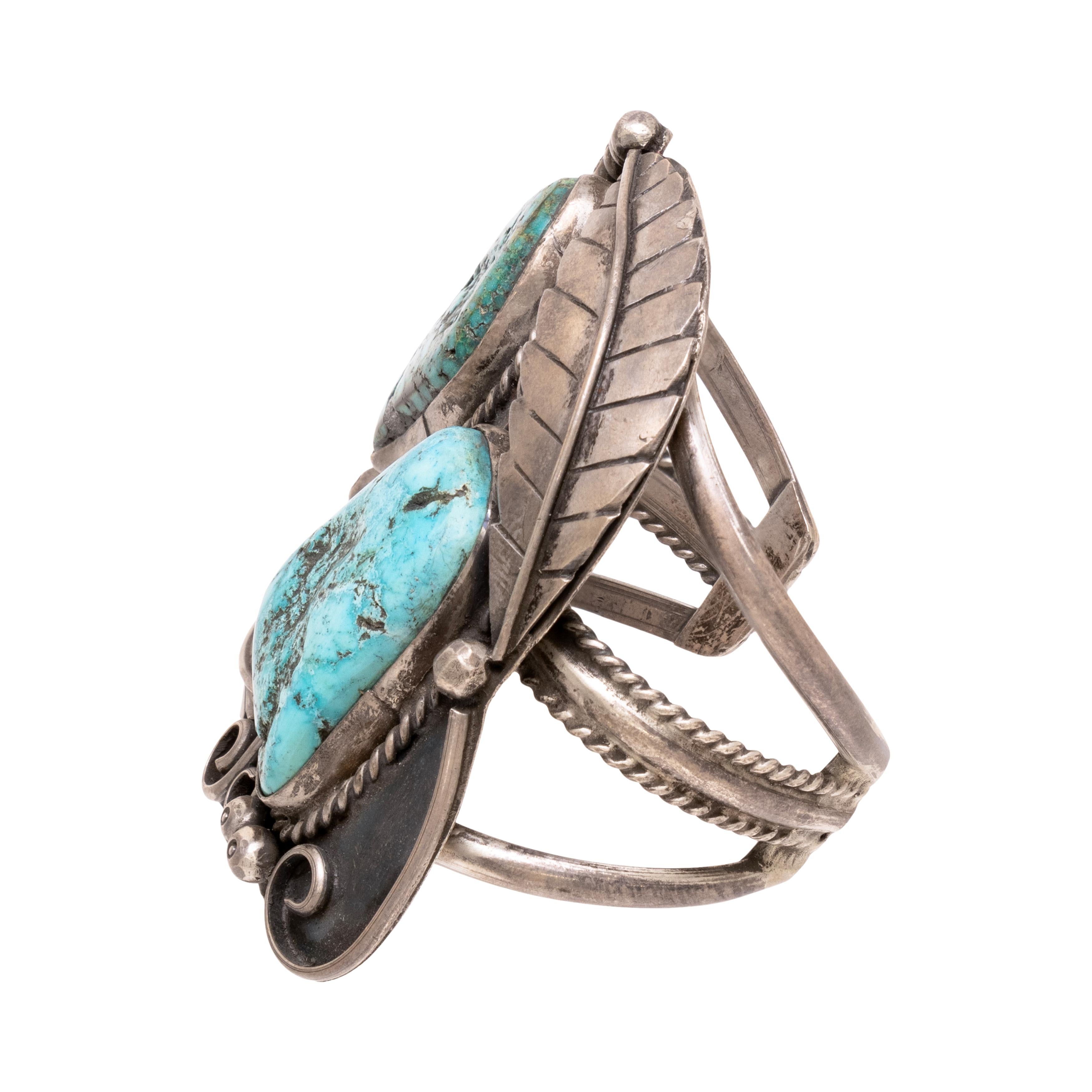 Navajo Türkis und Silber Blatt Manschette Armband (Ungeschliffen) im Angebot