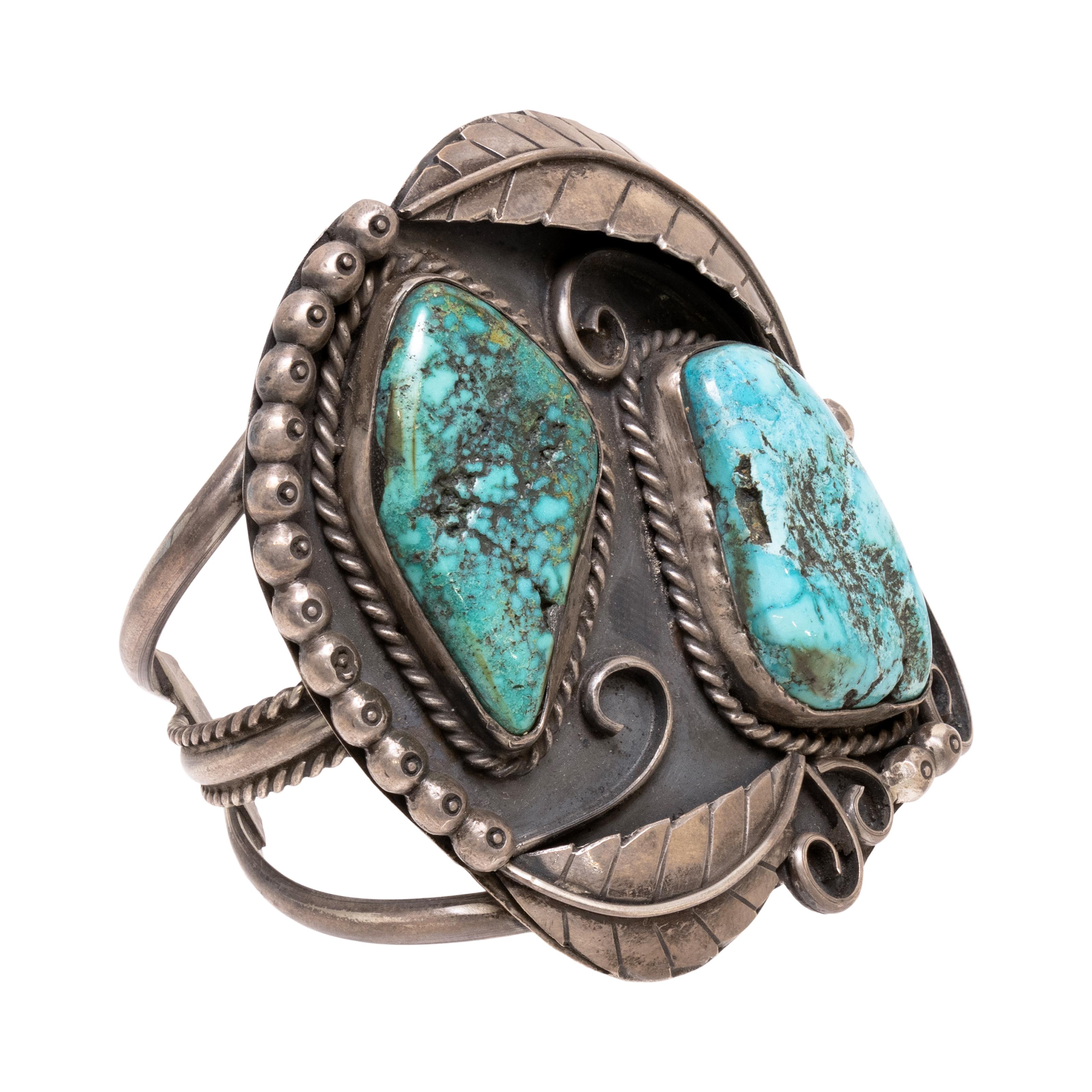 Navajo Türkis und Silber Blatt Manschette Armband im Zustand „Gut“ im Angebot in Coeur d Alene, ID