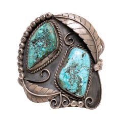 Vintage Navajo Turquoise and Silver Leaf Cuff Bracelet