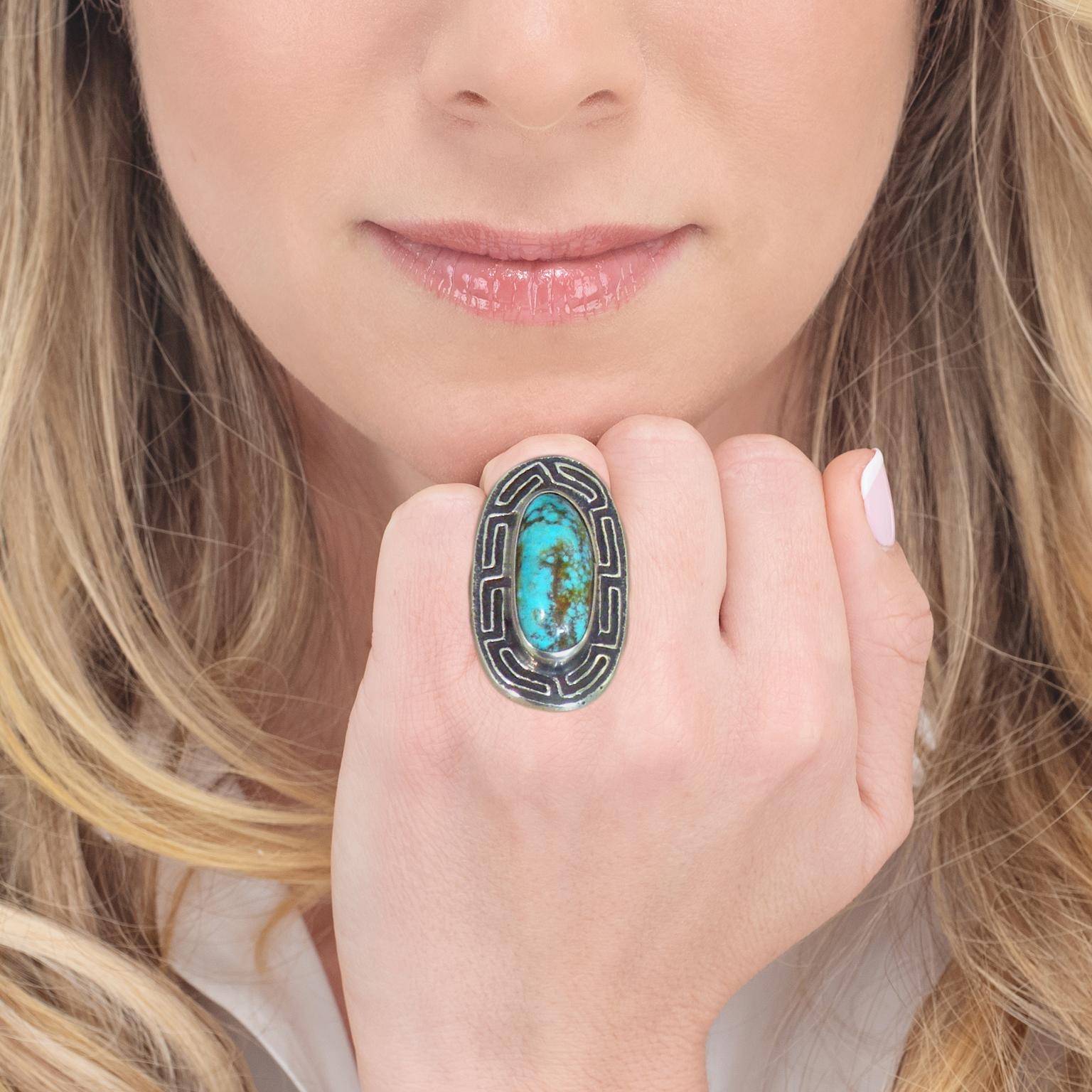 Cabochon Navajo Turquoise and Sterling Ring by Harold Lovato