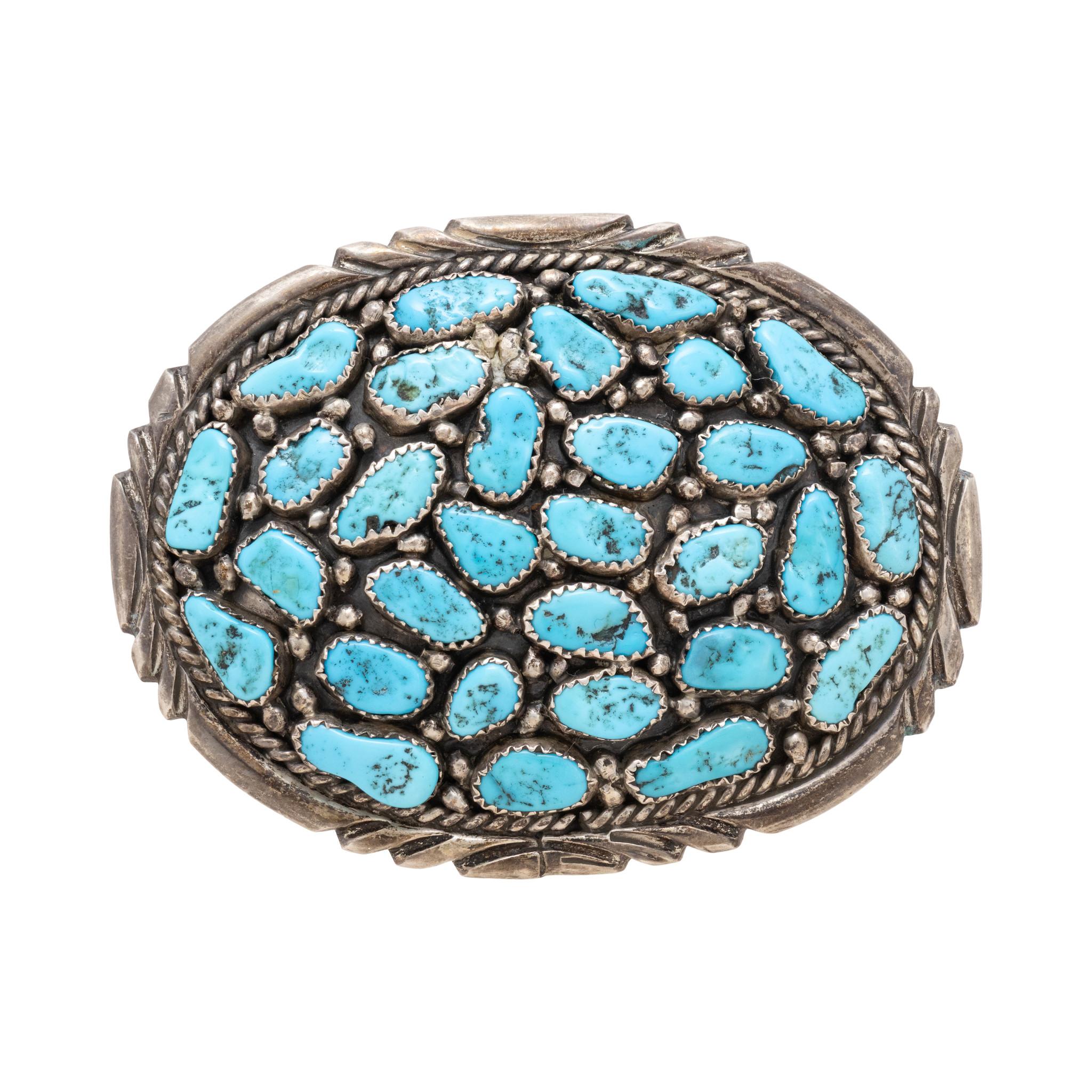 Taglio misto Navajo Turquoise and Sterling Silver Belt Buckle in vendita