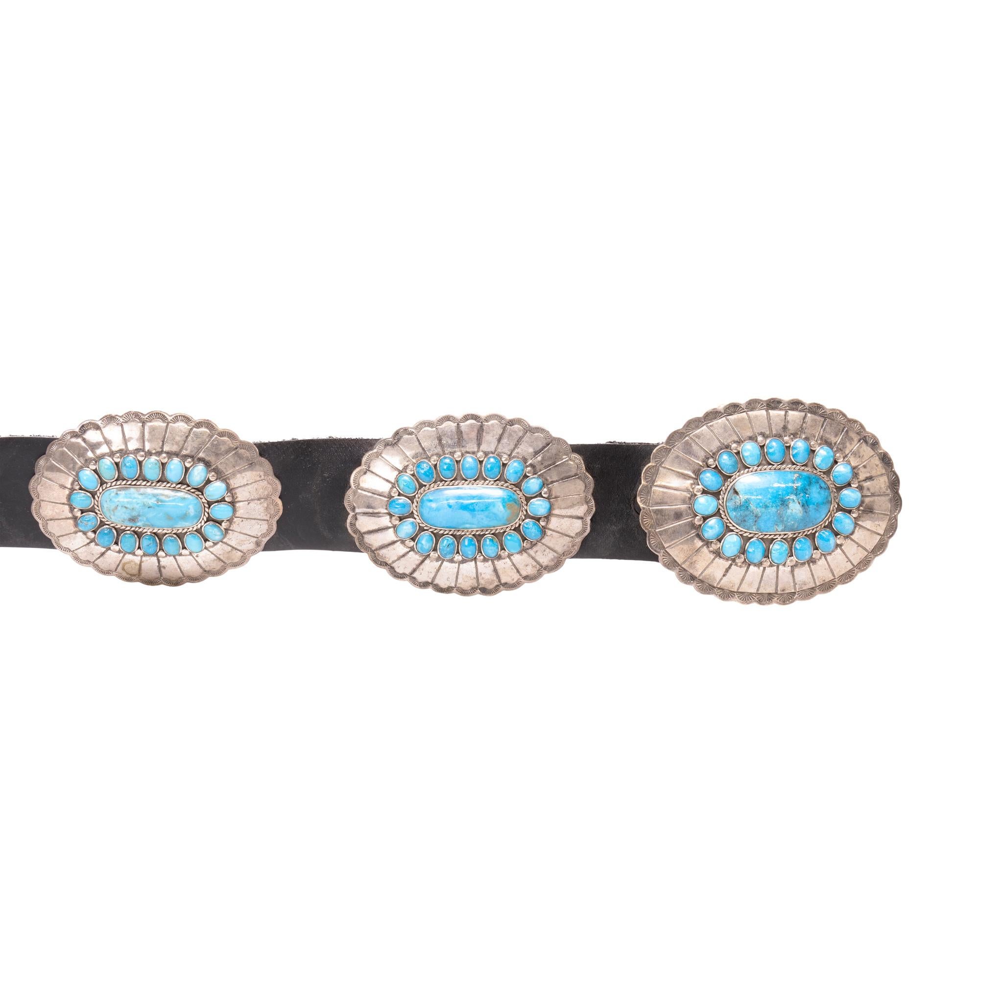 Native American Navajo Turquoise and Sterling Silver Concho Belt For Sale