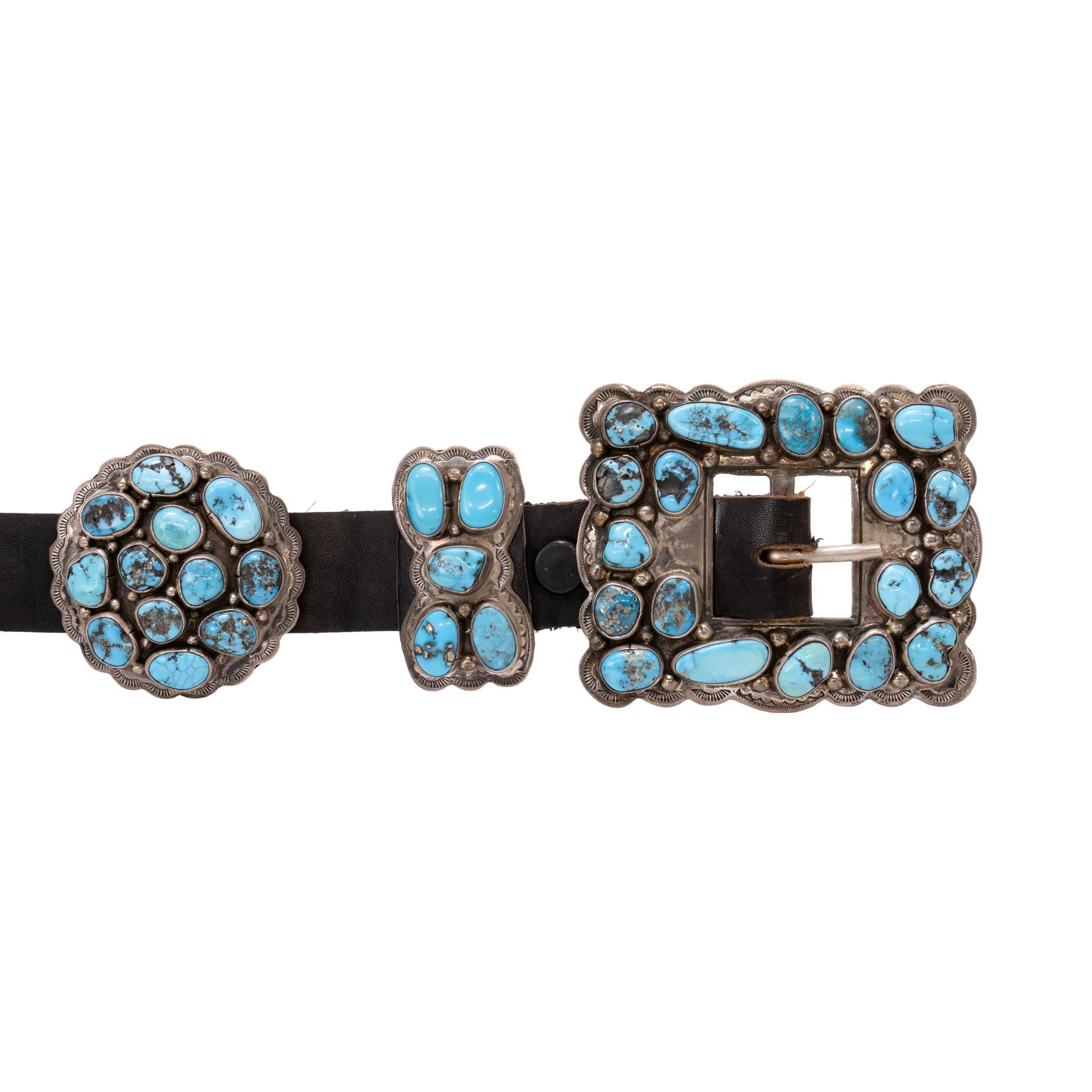 Nativo americano Navajo Turquoise and Sterling Silver Concho Belt in vendita