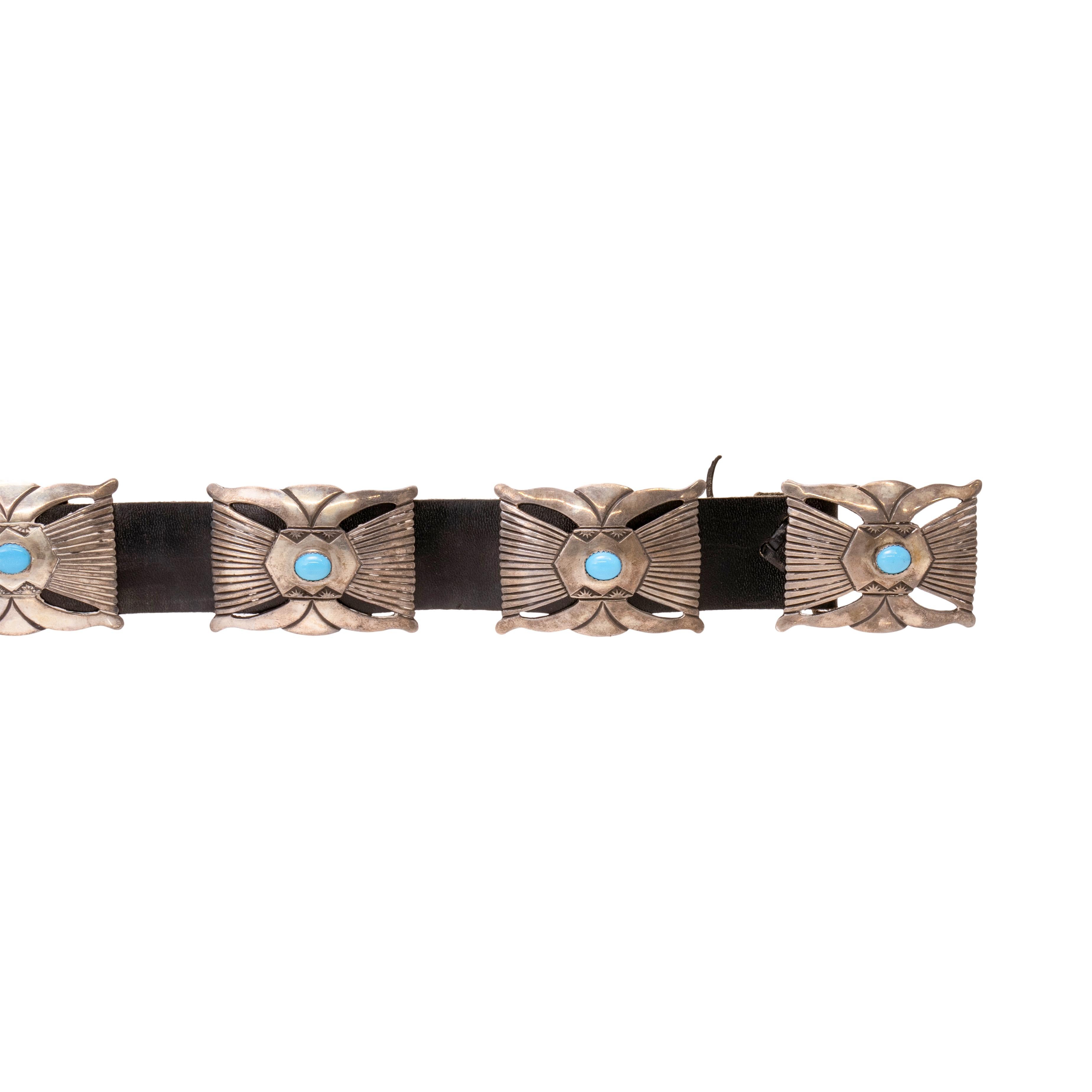 Native American Navajo Turquoise and Sterling Silver Concho Belt For Sale