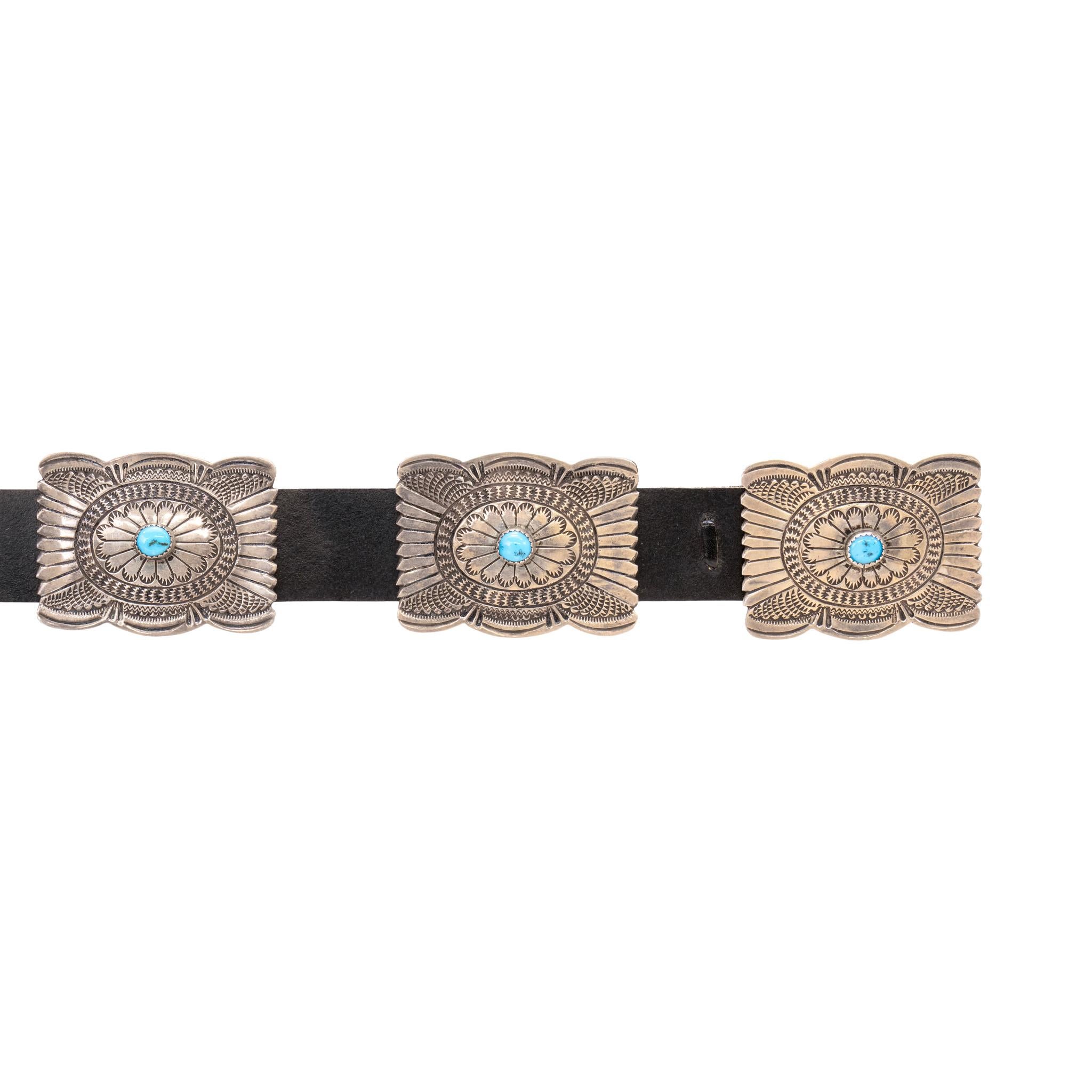 Native American Navajo Turquoise and Sterling Silver Concho Belt For Sale