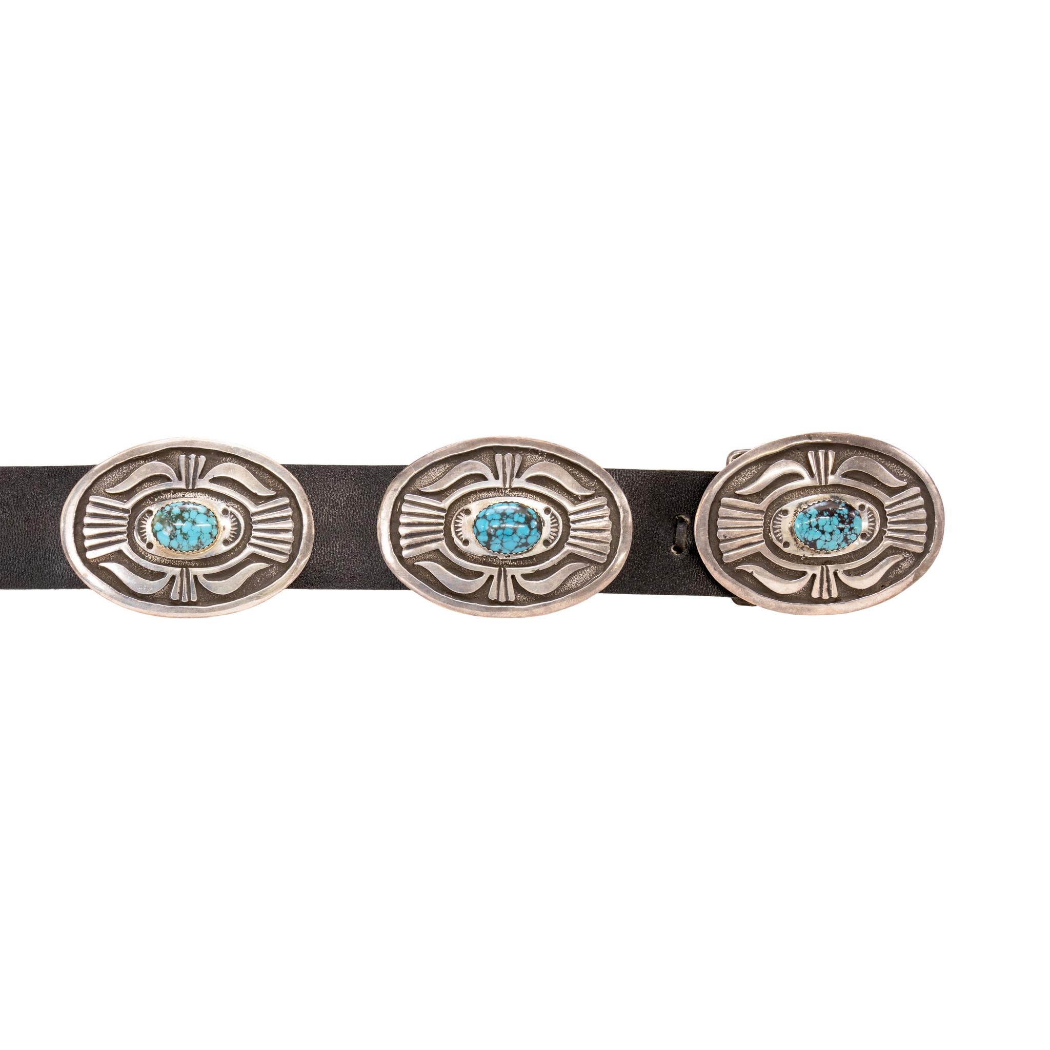 Cinturón de turquesa navajo y concho de plata de ley nativo estadounidense en venta