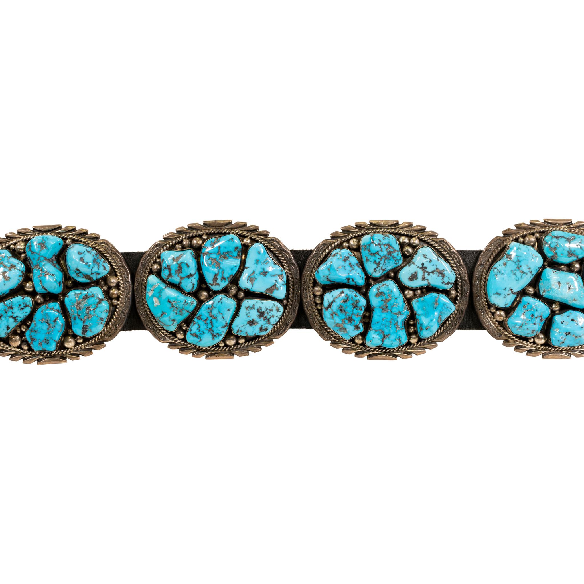 Mixed Cut Navajo Turquoise and Sterling Silver Concho Belt For Sale