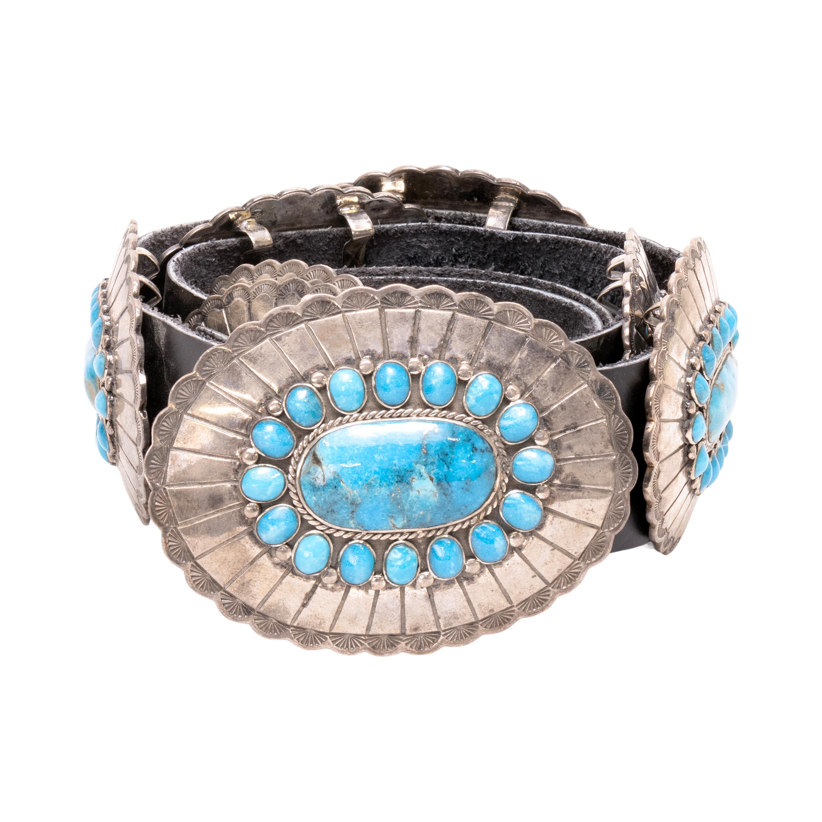 Oval Cut Navajo Turquoise and Sterling Silver Concho Belt For Sale
