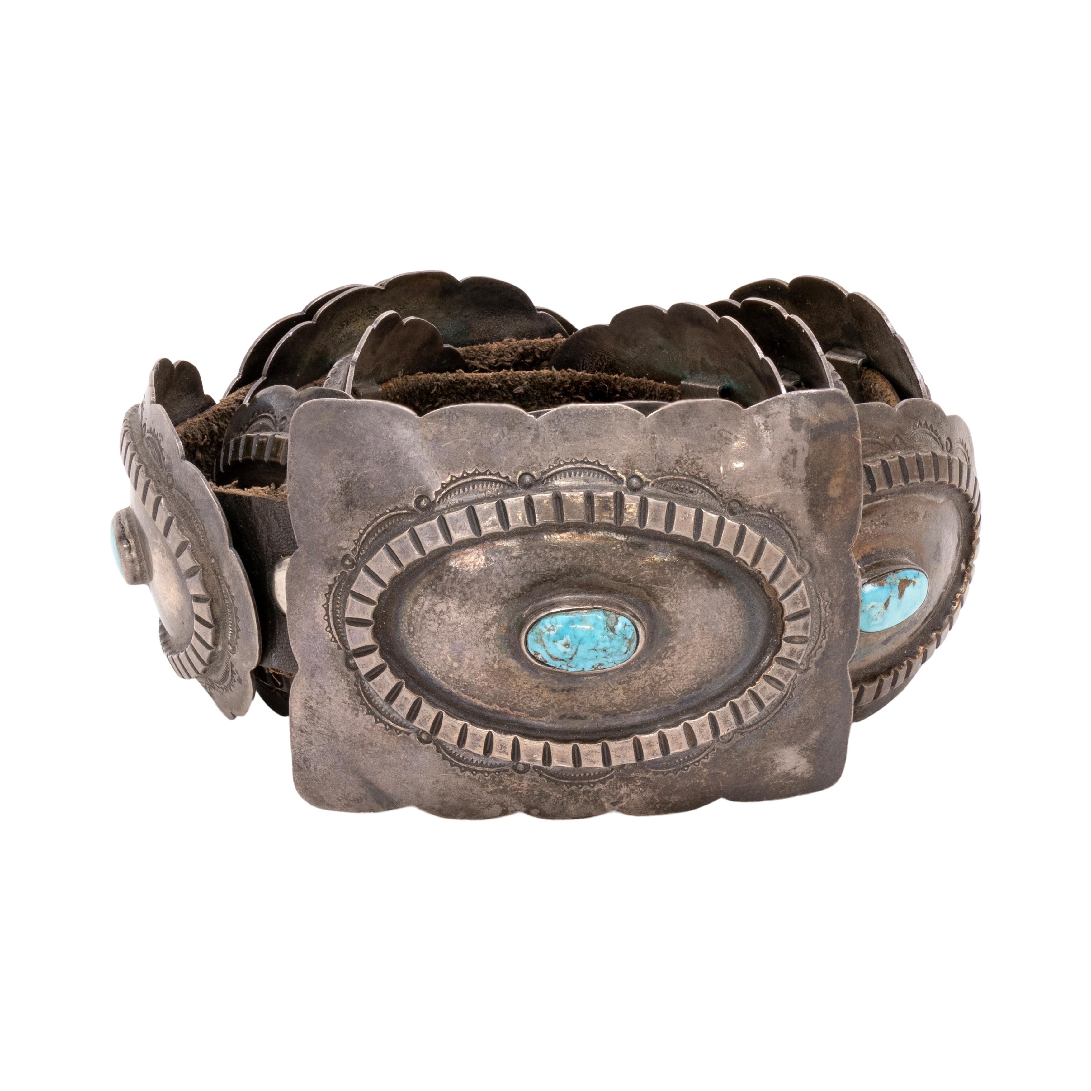 Oval Cut Navajo Turquoise and Sterling Silver Concho Belt For Sale