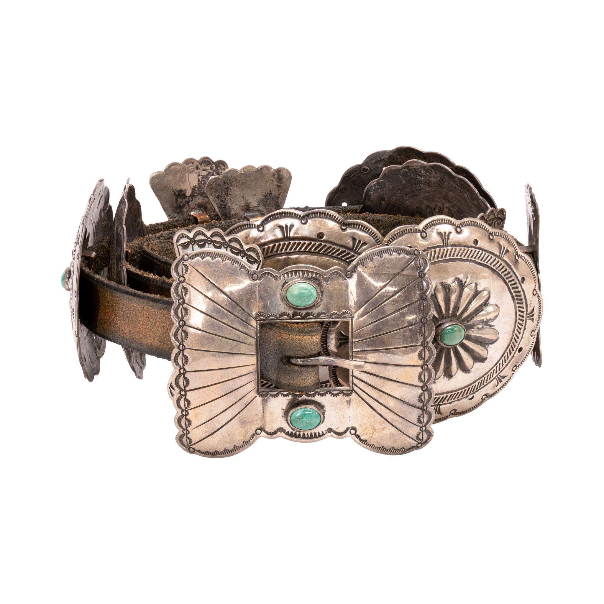 Oval Cut Navajo Turquoise and Sterling Silver Concho Belt For Sale