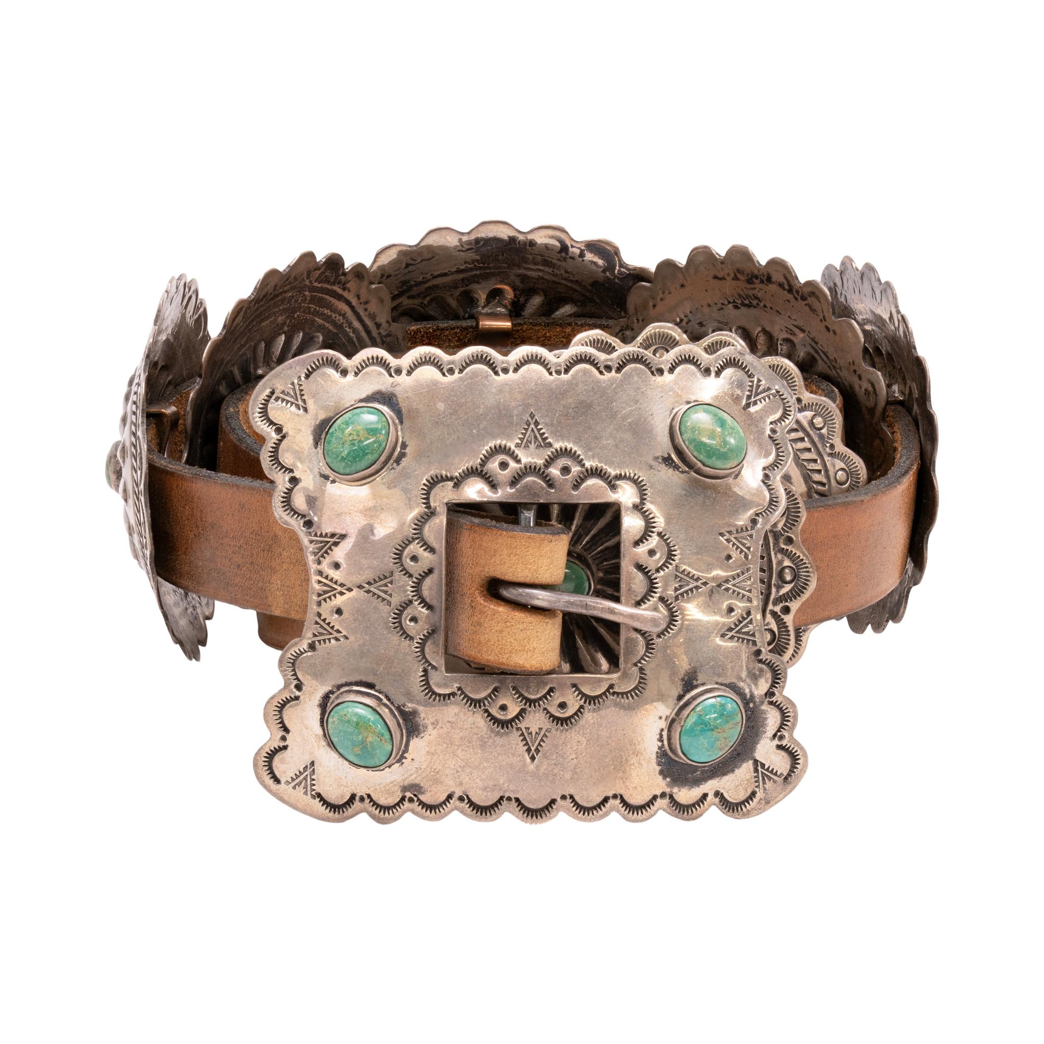 Oval Cut Navajo Turquoise and Sterling Silver Concho Belt For Sale