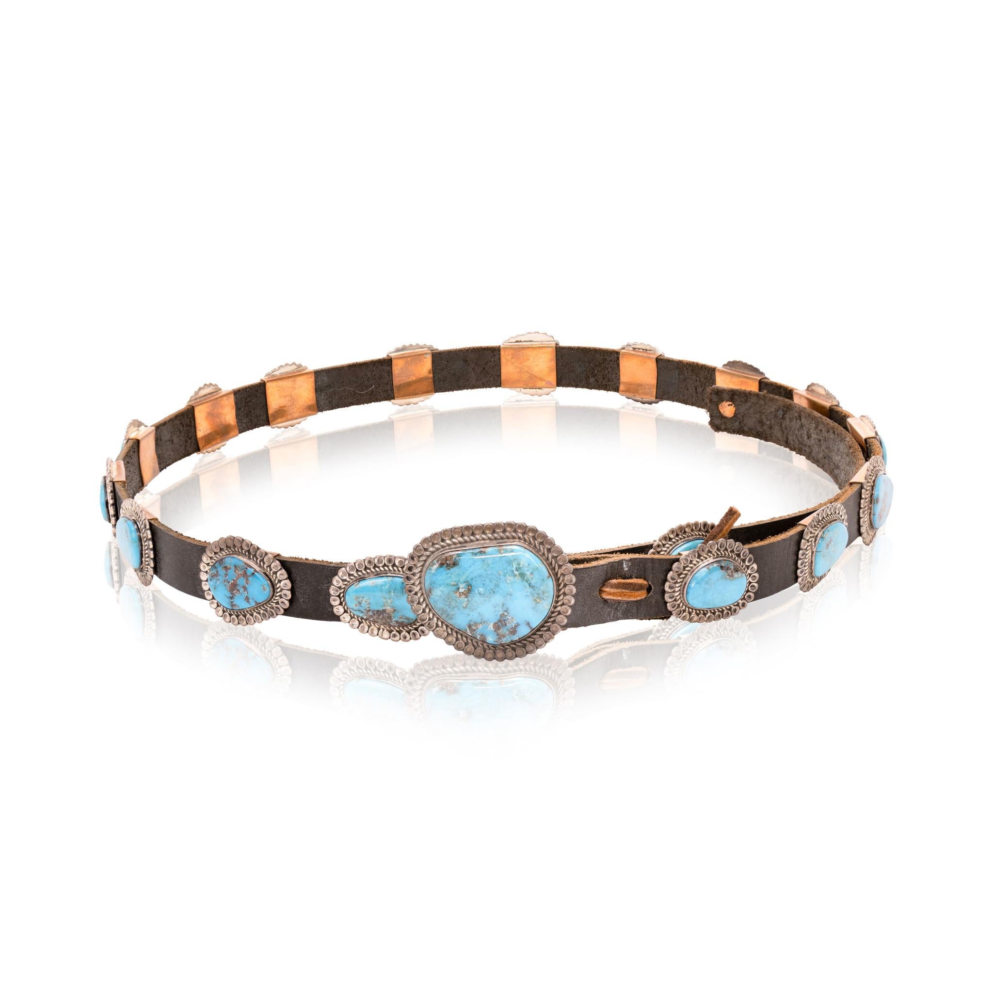 Mixed Cut Navajo Turquoise and Sterling Silver Concho Belt For Sale