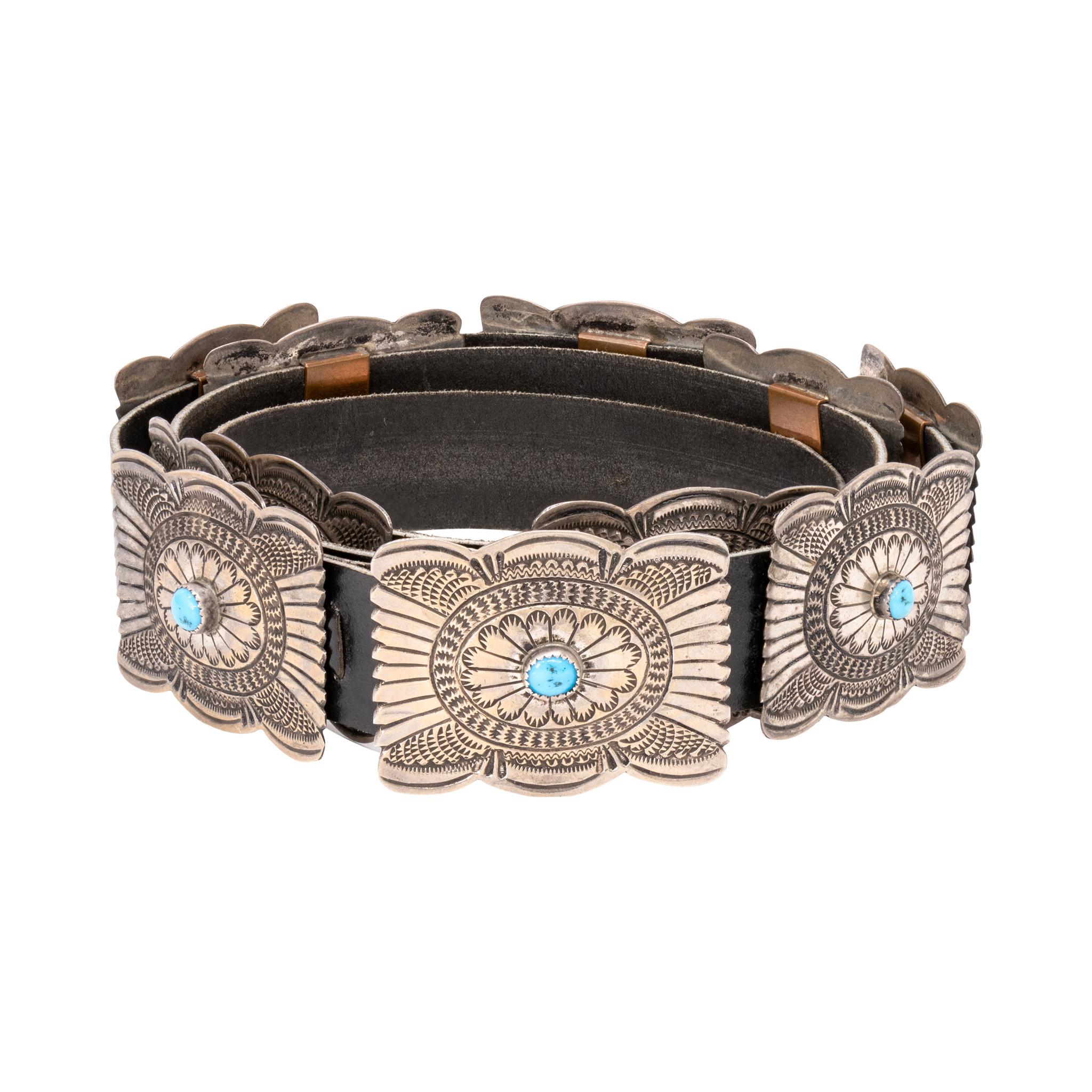 Round Cut Navajo Turquoise and Sterling Silver Concho Belt For Sale