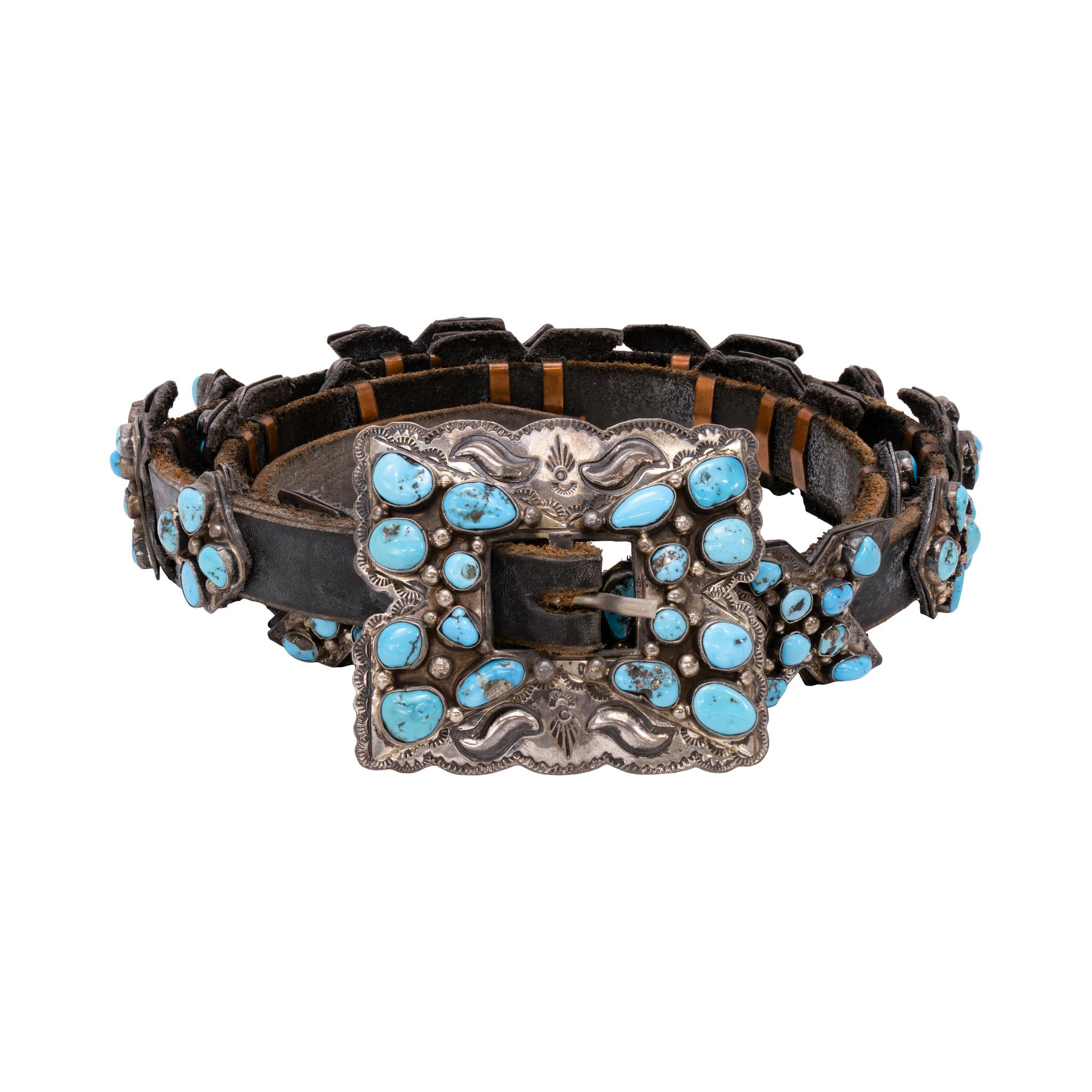 Navajo-Türkis und Sterling Silber Concho Gürtel (Gemischter Schliff) im Angebot