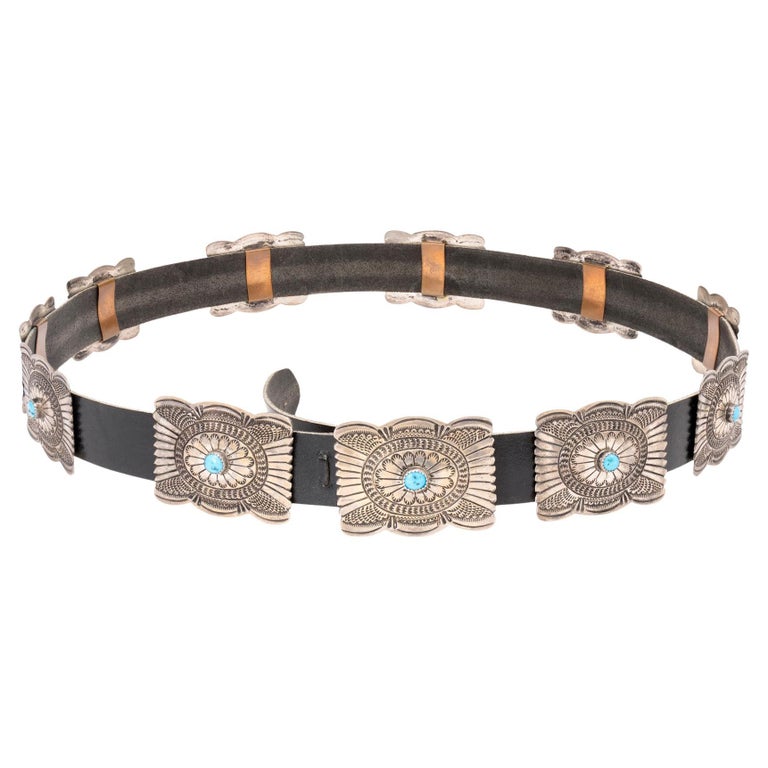 Navajo Turquoise and Sterling Silver Concho Belt For Sale at 