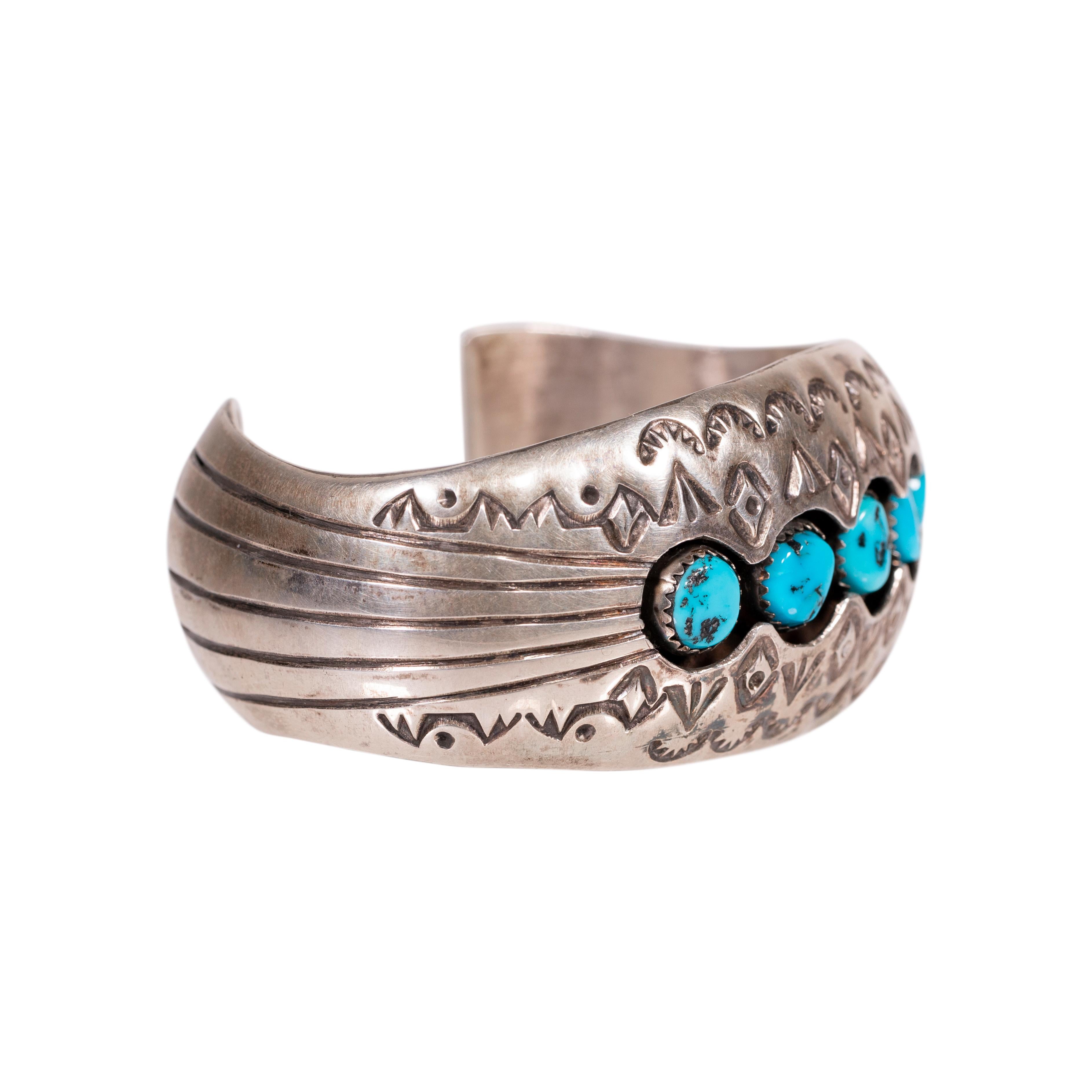 Navajo-Türkis und Sterling Silber Manschettenknopf Armband (Rundschliff) im Angebot