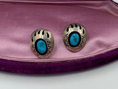 Navajo Turquoise Bear Paw Earrings Signed TG Teddy Goodluck Shadowbox Sterling