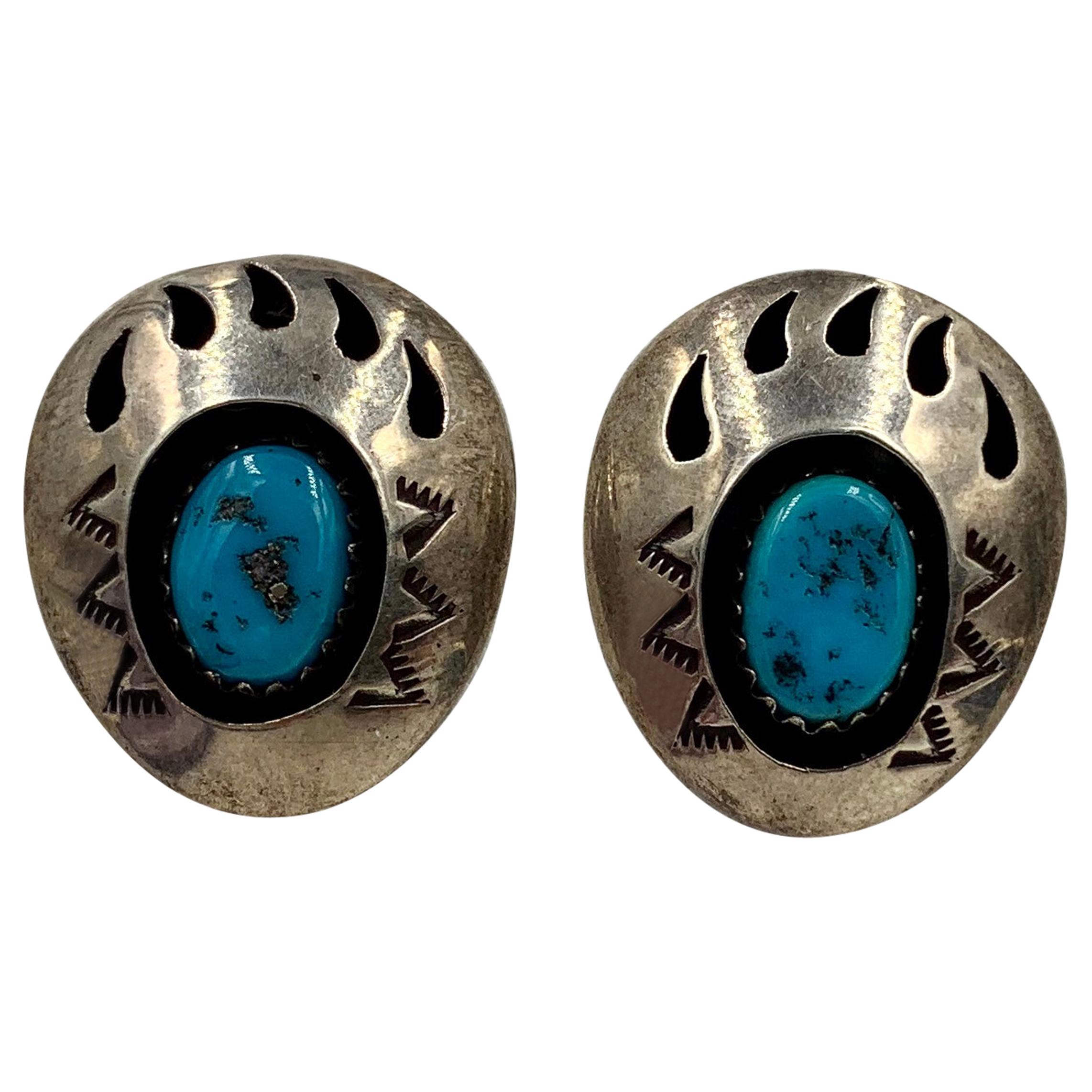 Native American Navajo Sterling Silver Turquoise Double Bear Paw Drop Earrings 