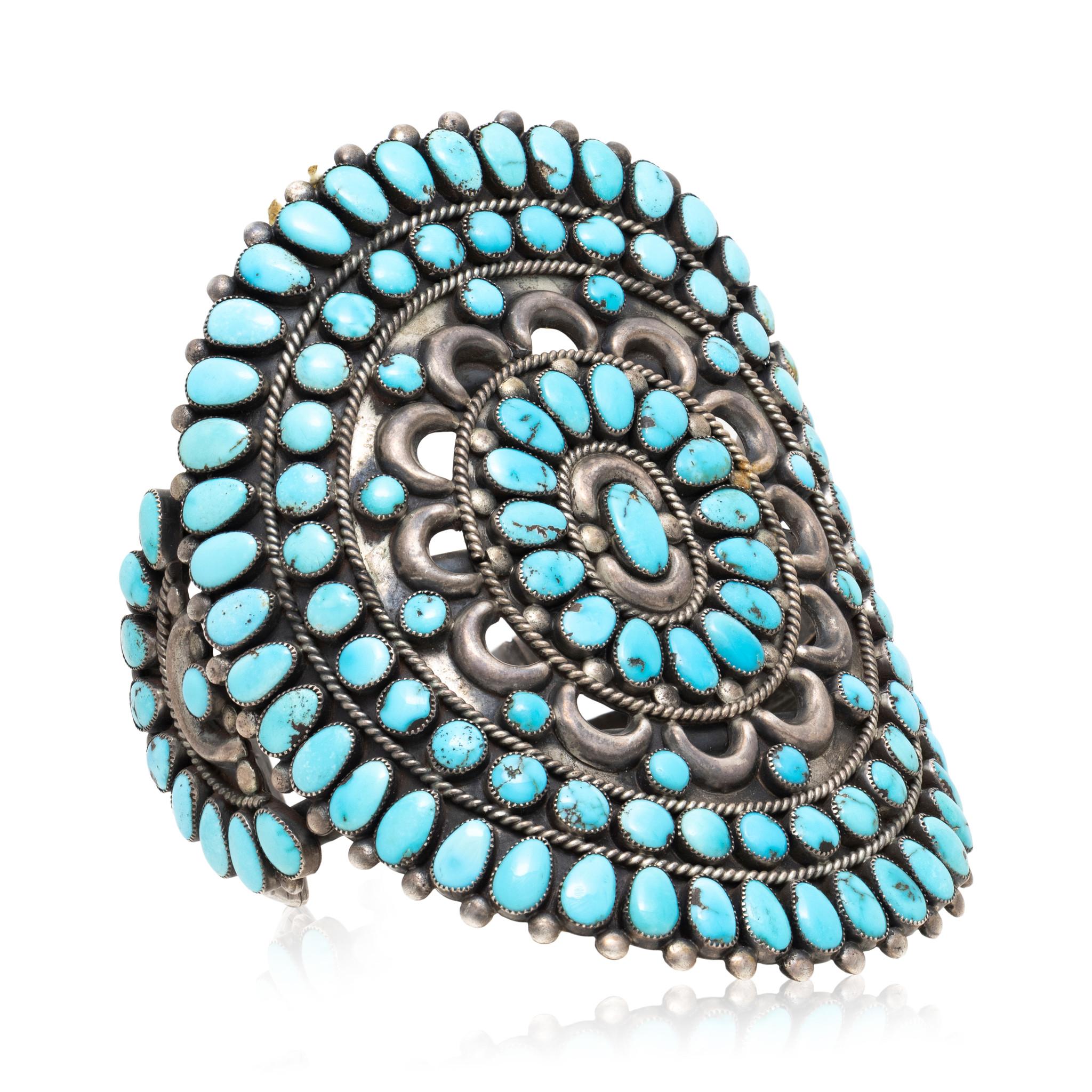 Mixed Cut Navajo Turquoise Cluster Cuff Bracelet For Sale