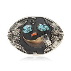 Navajo Turquoise, Coral and Bear Claw Belt Buckle
