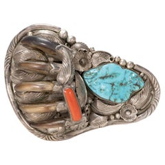 Navajo Turquoise, Coral and Bear Claw Belt Buckle 