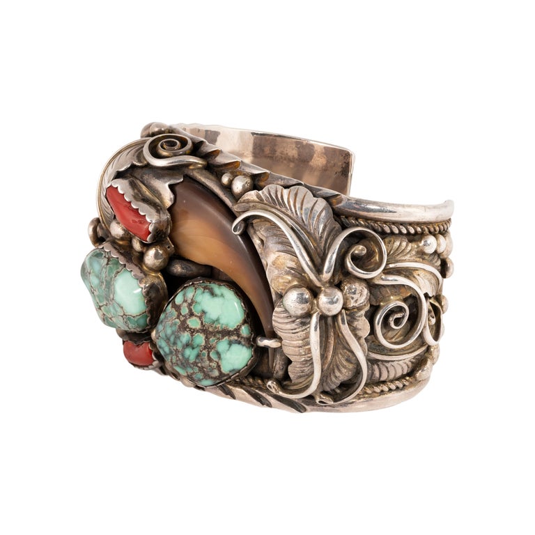 Old Mine Cut Navajo Turquoise, Coral, and Sterling Bracelet For Sale