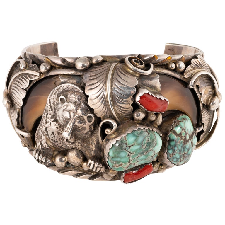 Navajo Turquoise, Coral, and Sterling Bracelet For Sale