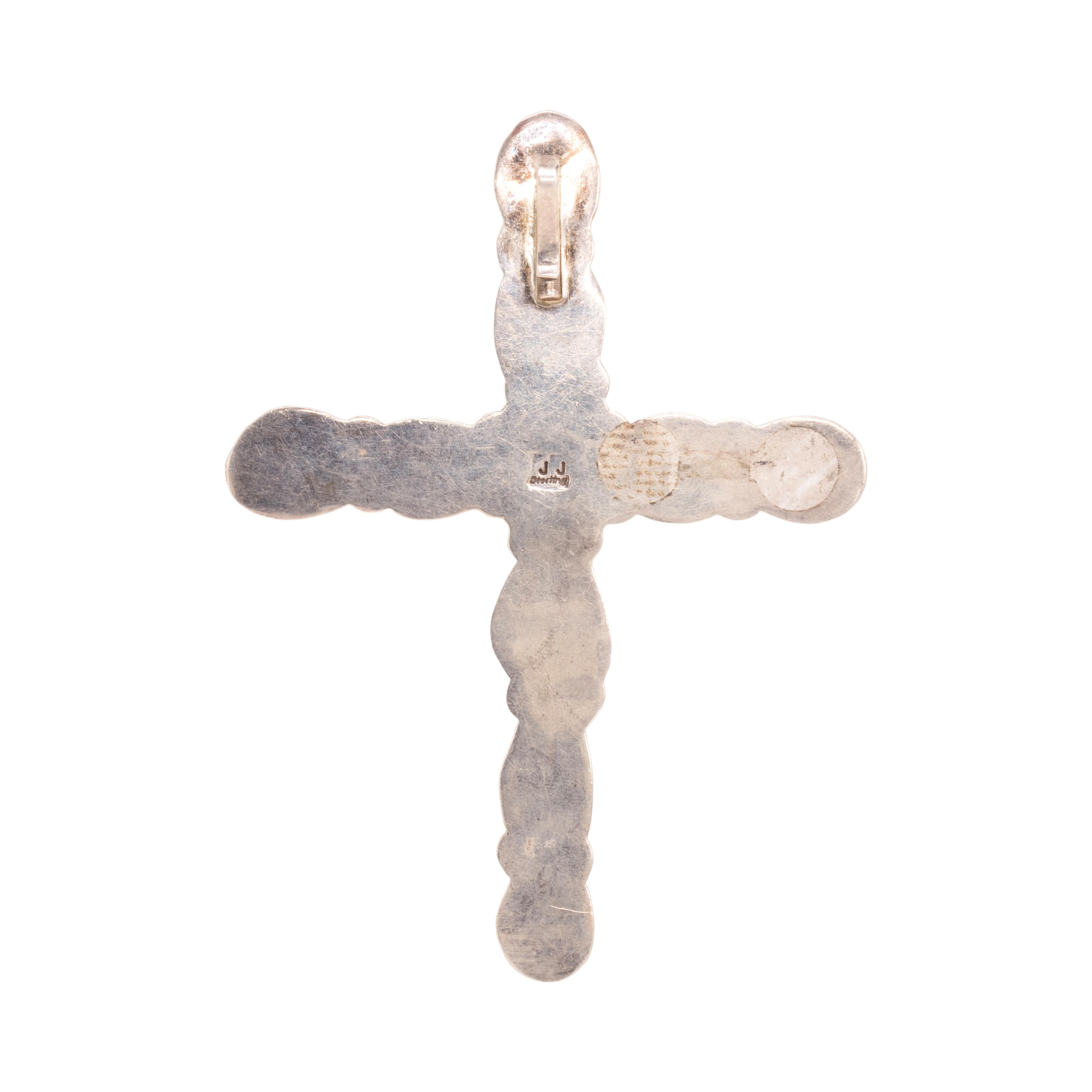 Navajo Türkis und Sterling Kreuz Anhänger von Navajo Silversmith Jefferson James, markiert JJ. Mit zehn großen natürlichen und unbehandelten Kingman-Türkisen mit goldener Matrix, akzentuiert durch Sterling-Perlen. Herstellermarke und Sterlingstempel