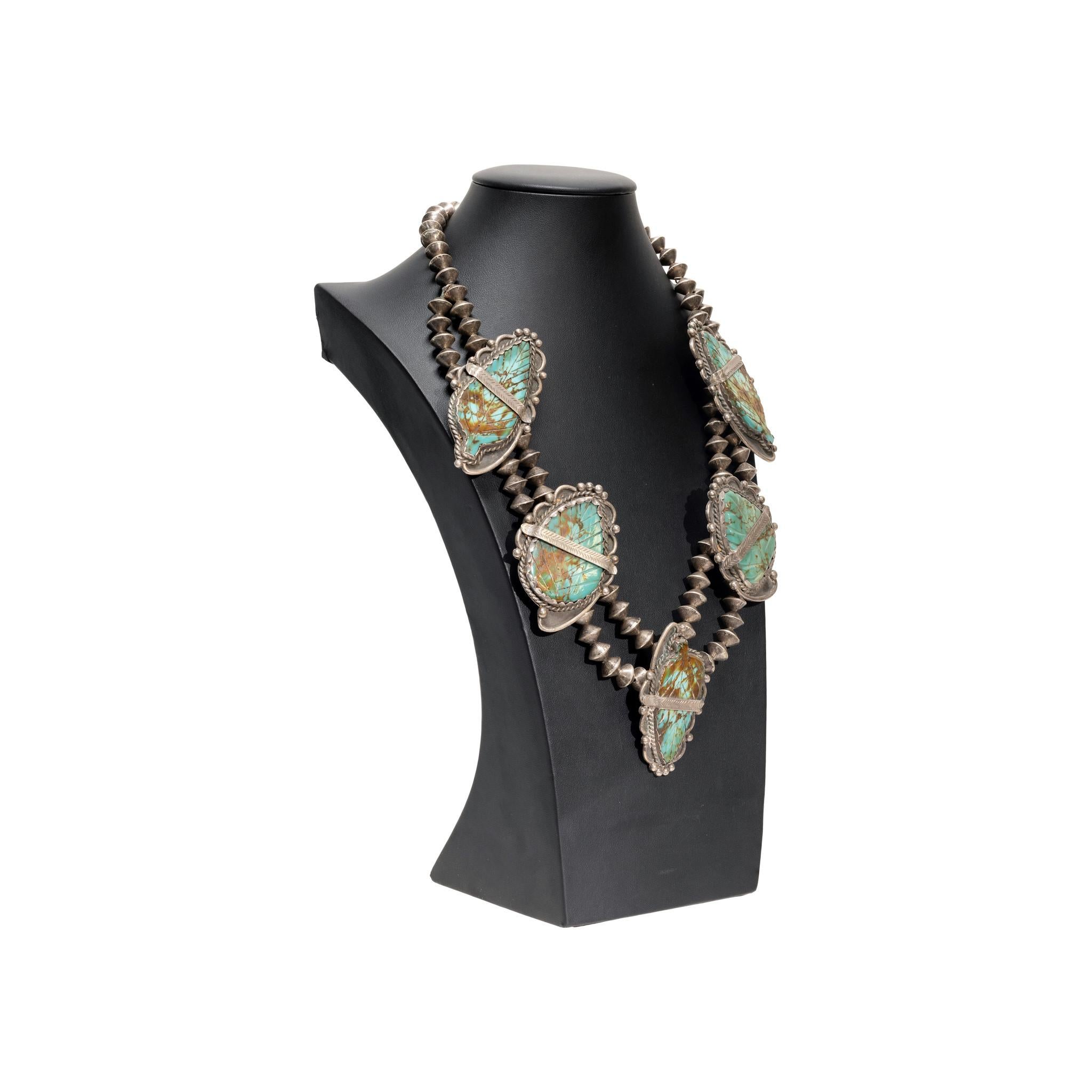 Native American Navajo Turquoise Leaf and Sterling Silver Necklace For Sale