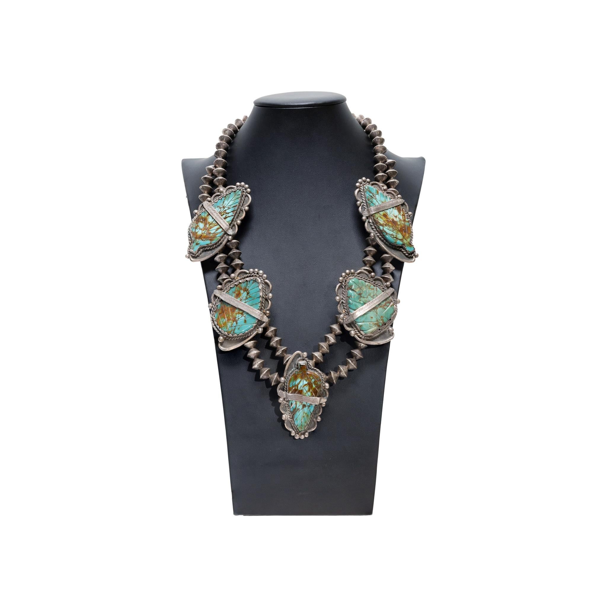 Mixed Cut Navajo Turquoise Leaf and Sterling Silver Necklace For Sale