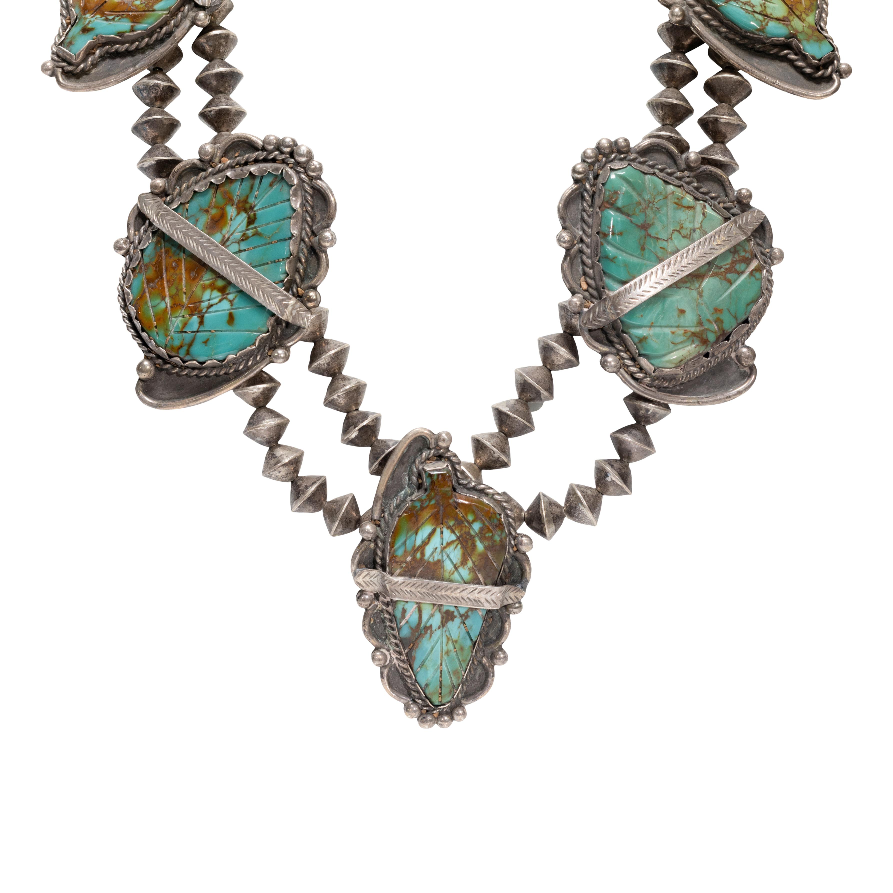 Navajo Turquoise Leaf and Sterling Silver Necklace In Good Condition For Sale In Coeur d Alene, ID