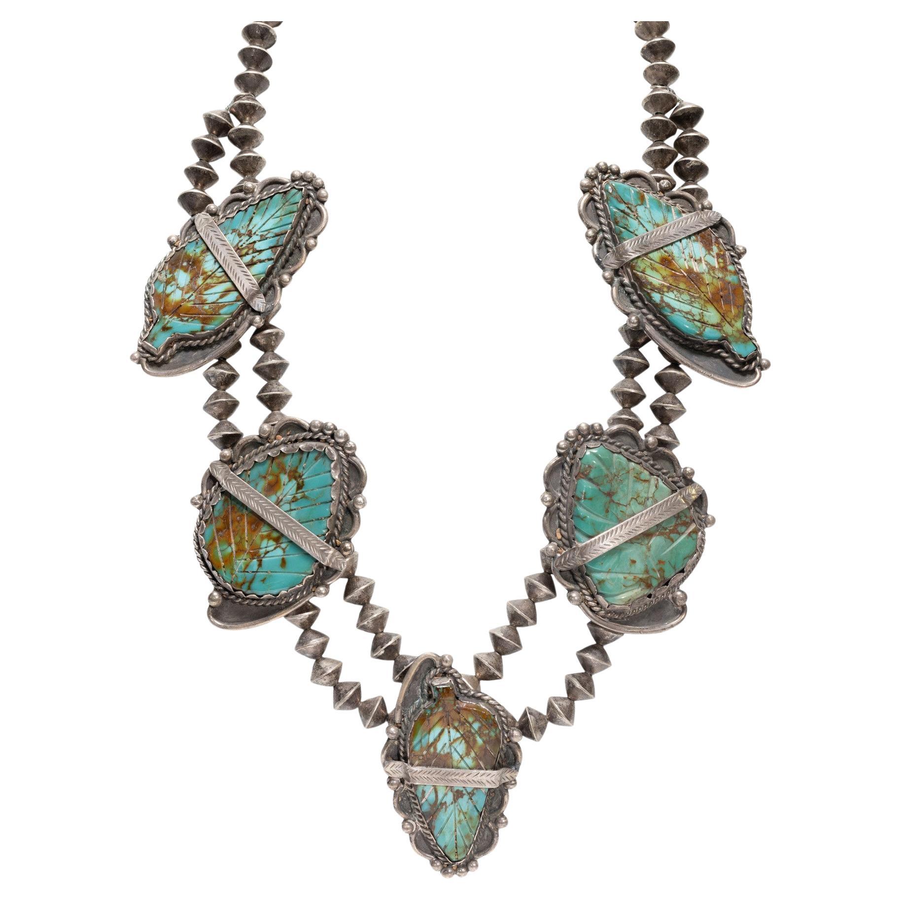 Navajo Turquoise Leaf and Sterling Silver Necklace For Sale