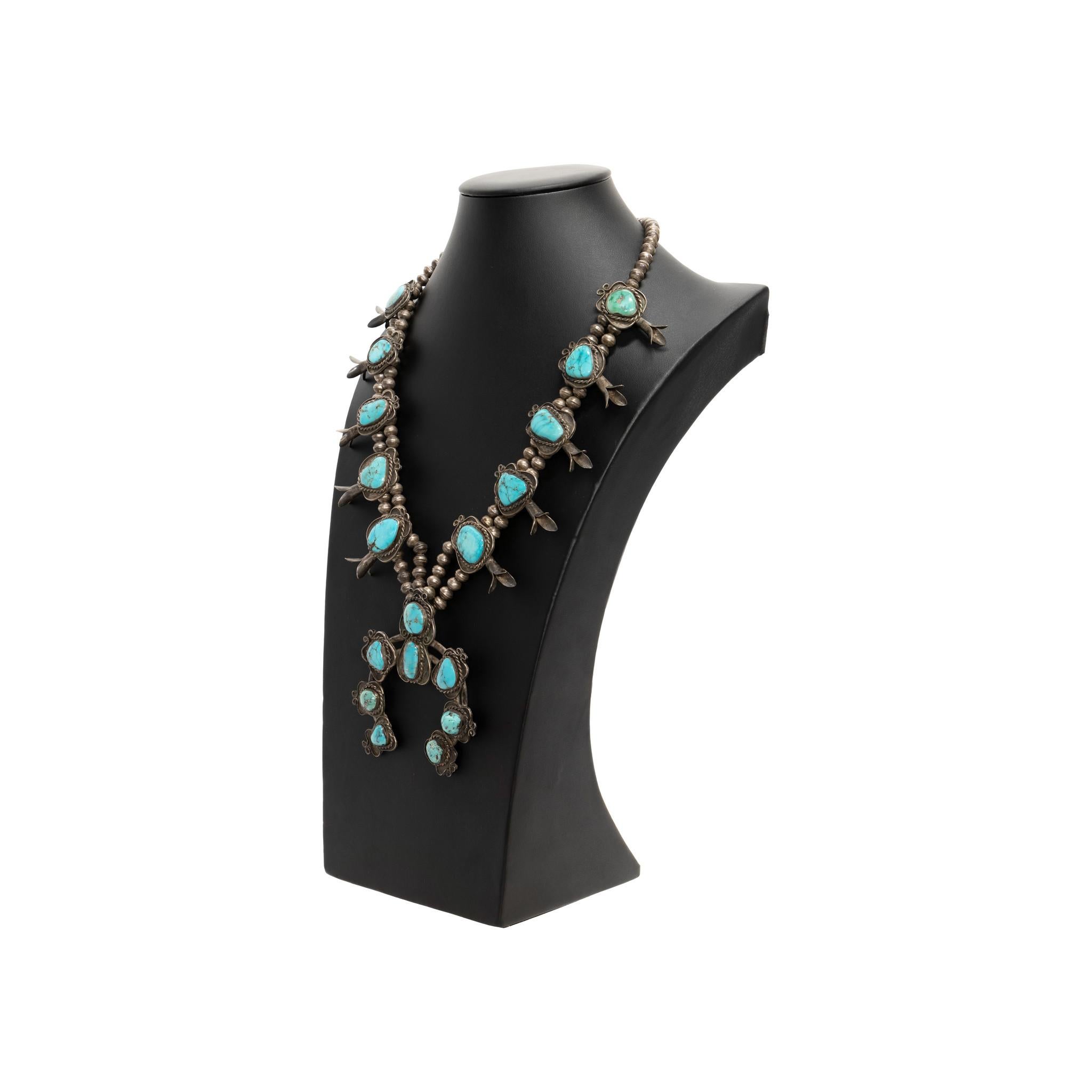 Native American Navajo Turquoise Squash Blossom Necklace For Sale