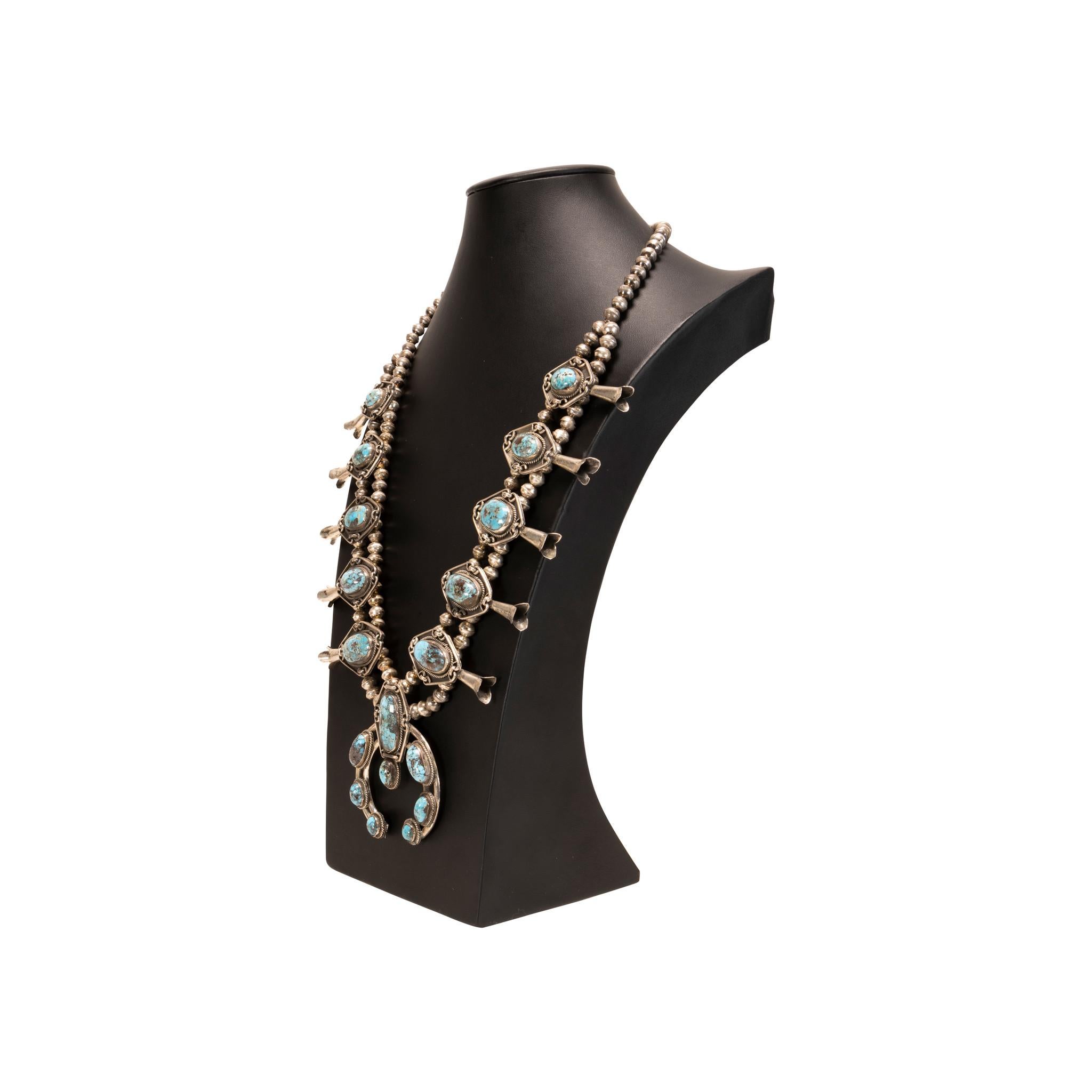 Old Mine Cut Navajo Turquoise Squash Blossom Necklace