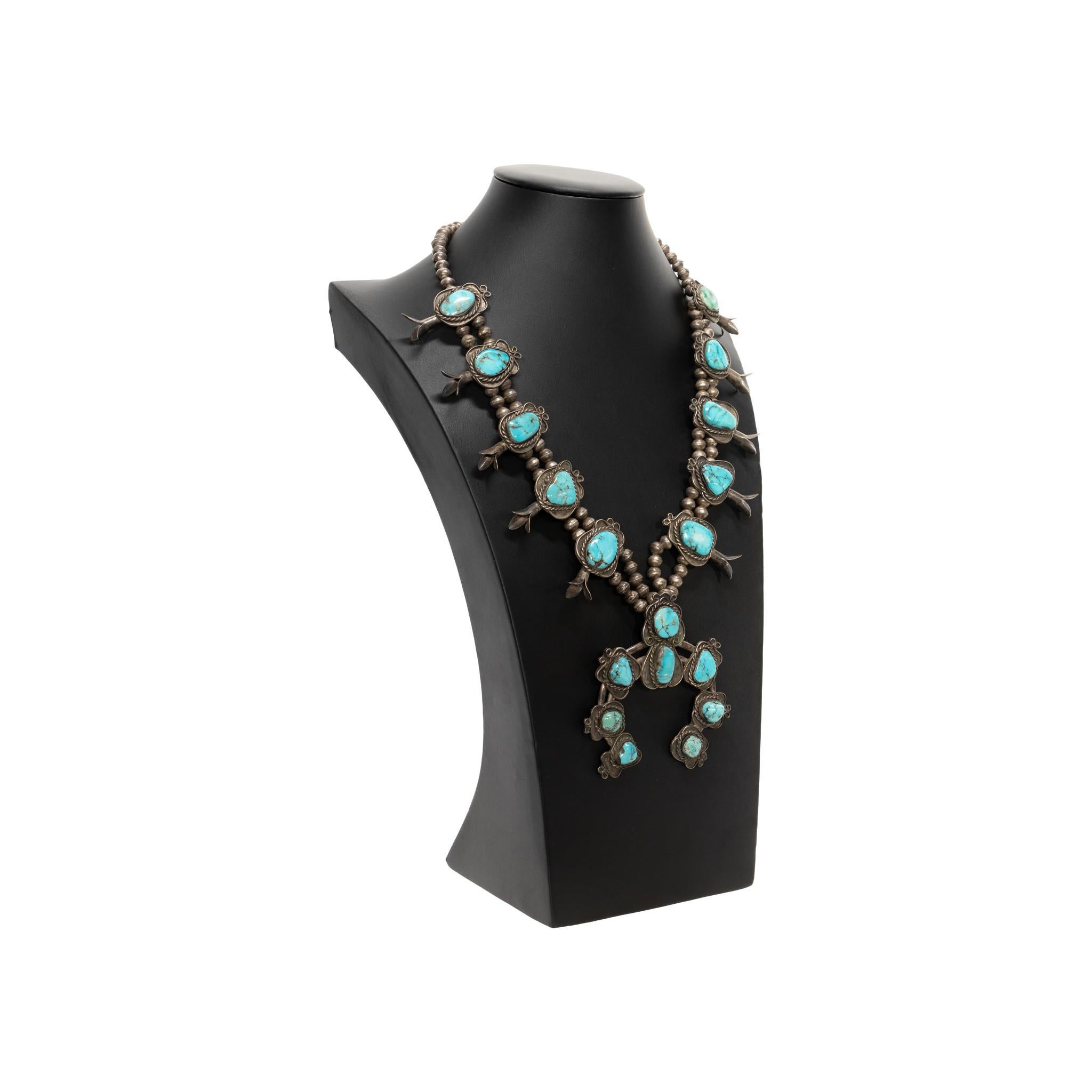 Old Mine Cut Navajo Turquoise Squash Blossom Necklace For Sale