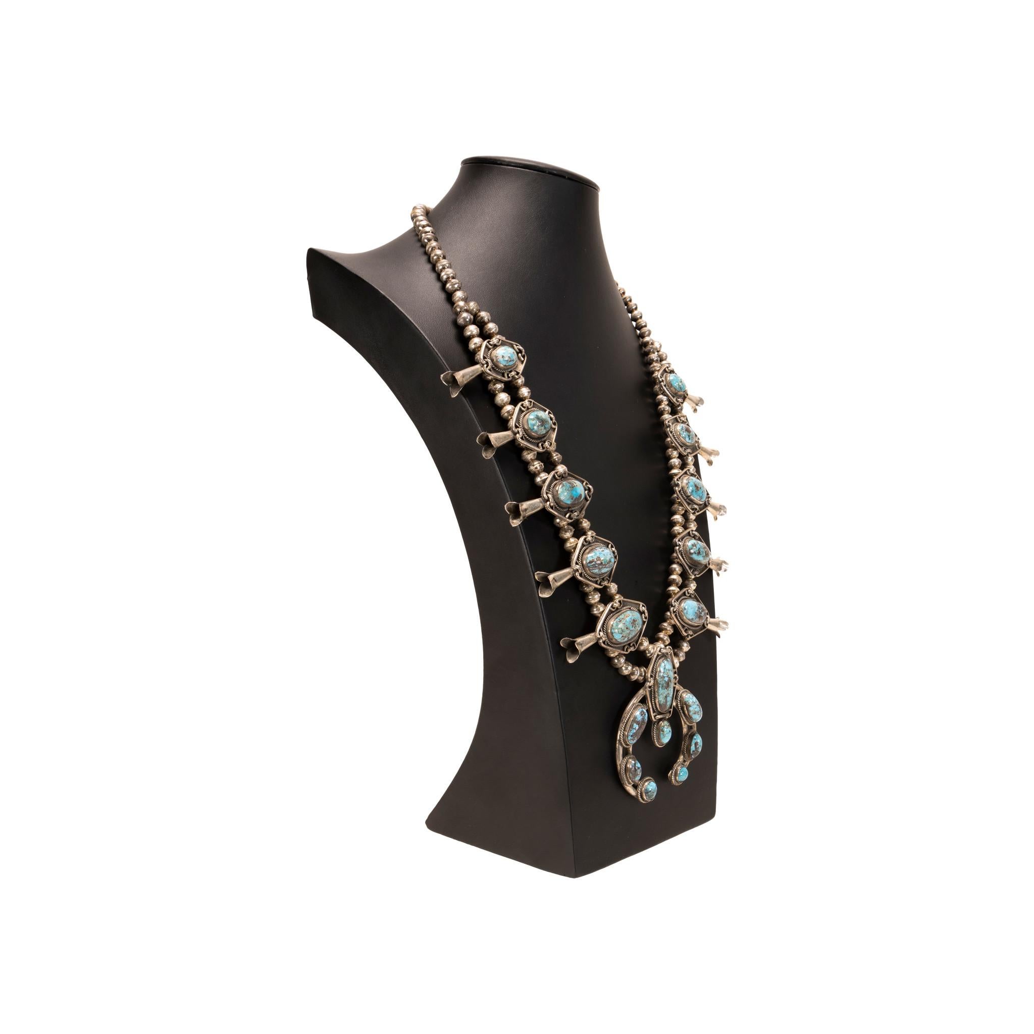 Navajo Turquoise Squash Blossom Necklace In Good Condition In Coeur d Alene, ID