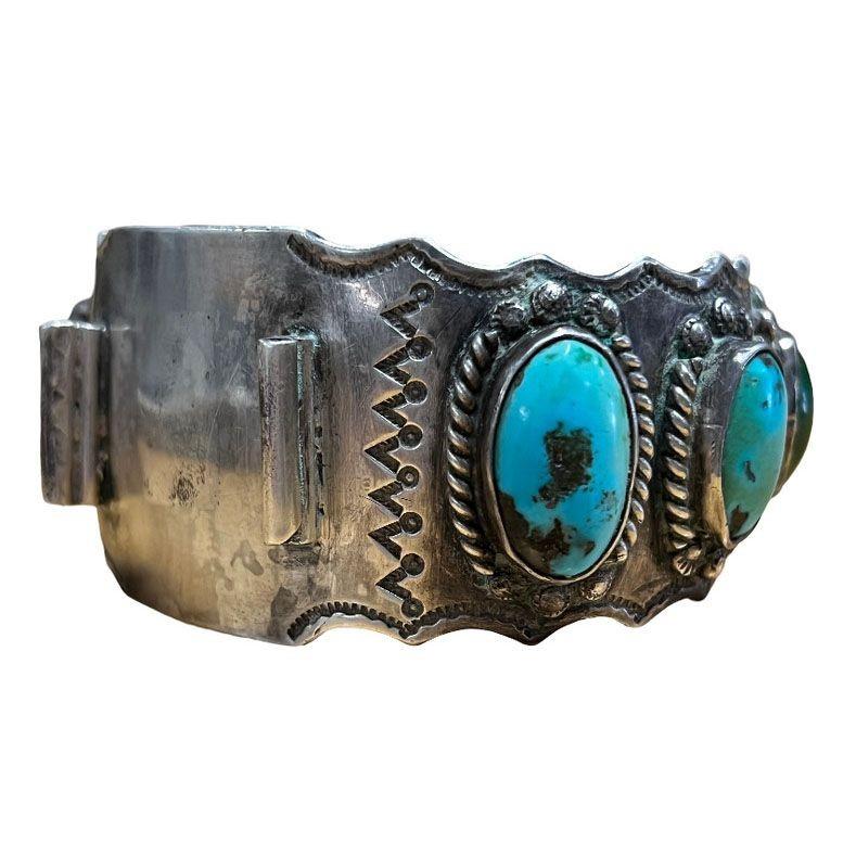 American Navajo Turquoise & Sterling Silver Watchband Cuff by Alberto Contreraz For Sale