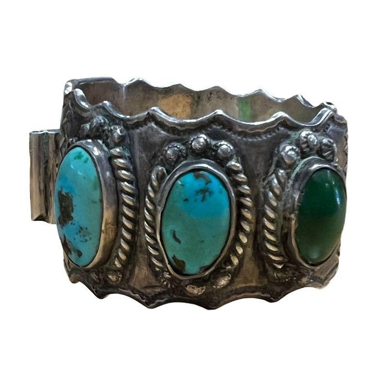 Navajo Turquoise & Sterling Silver Watchband Cuff by Alberto Contreraz In Excellent Condition For Sale In Van Nuys, CA