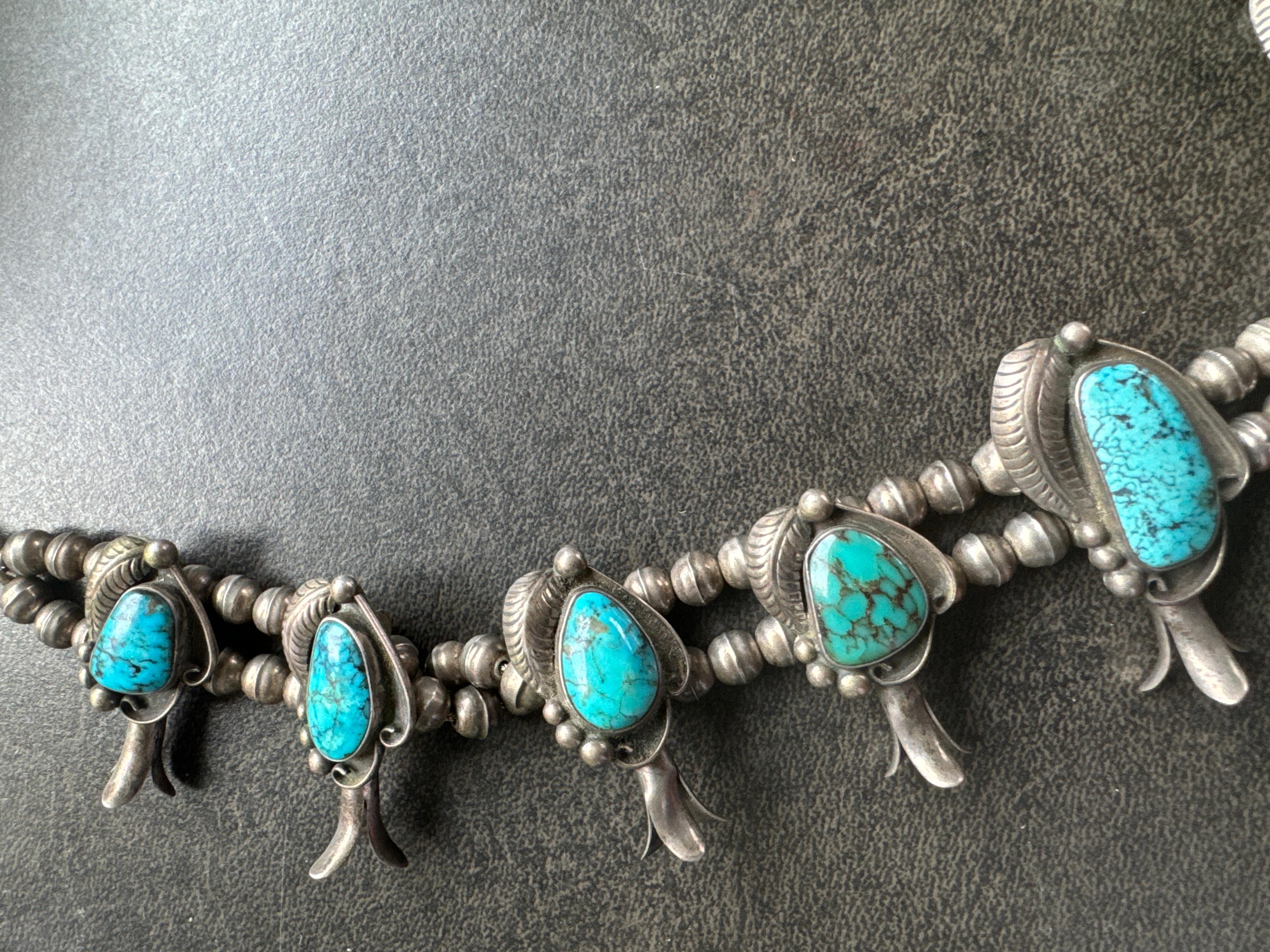 Navajo Turchese Sterling Squash Blossom Old Pawn in vendita 5