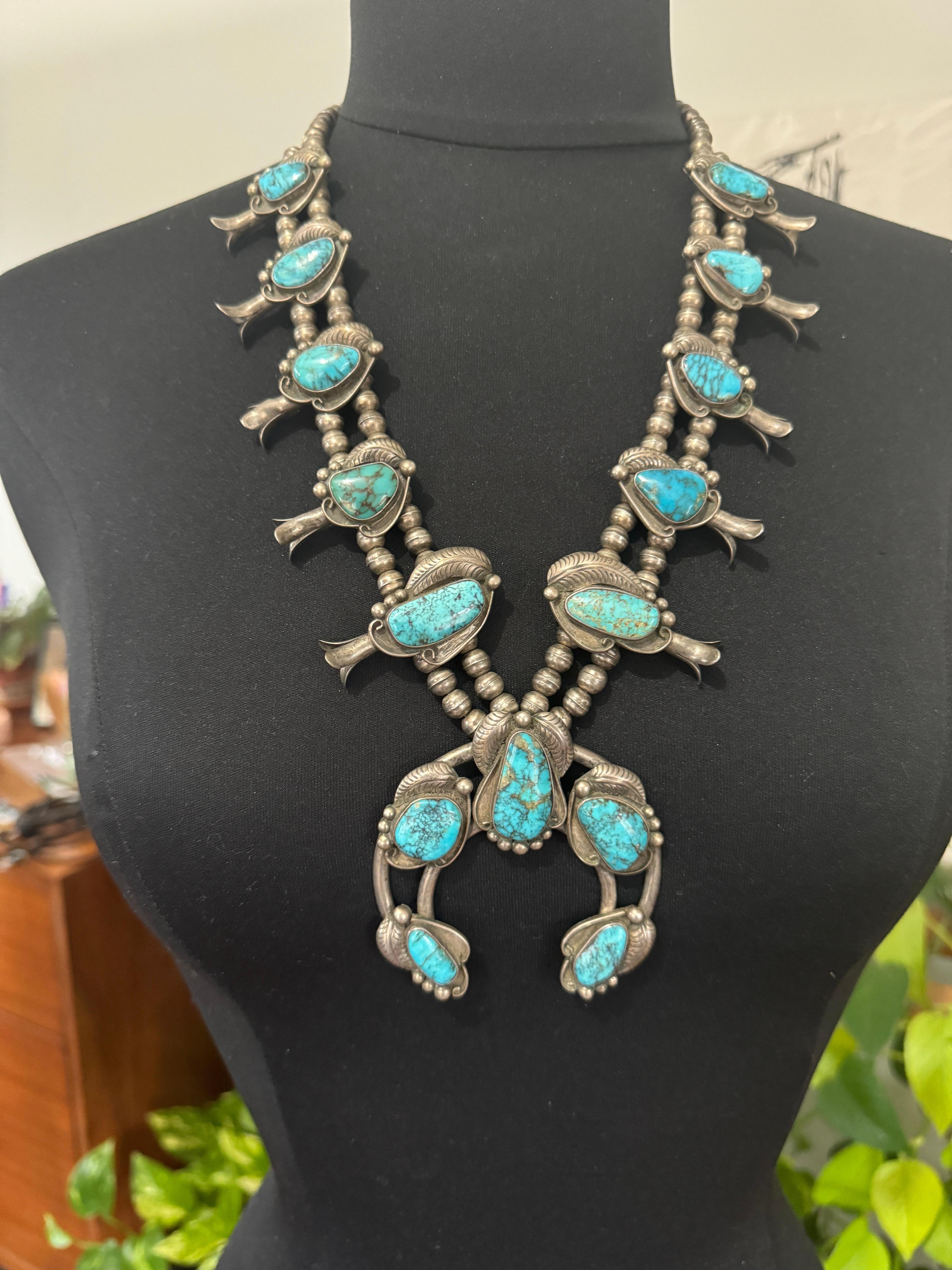 Navajo Turchese Sterling Squash Blossom Old Pawn in vendita 8