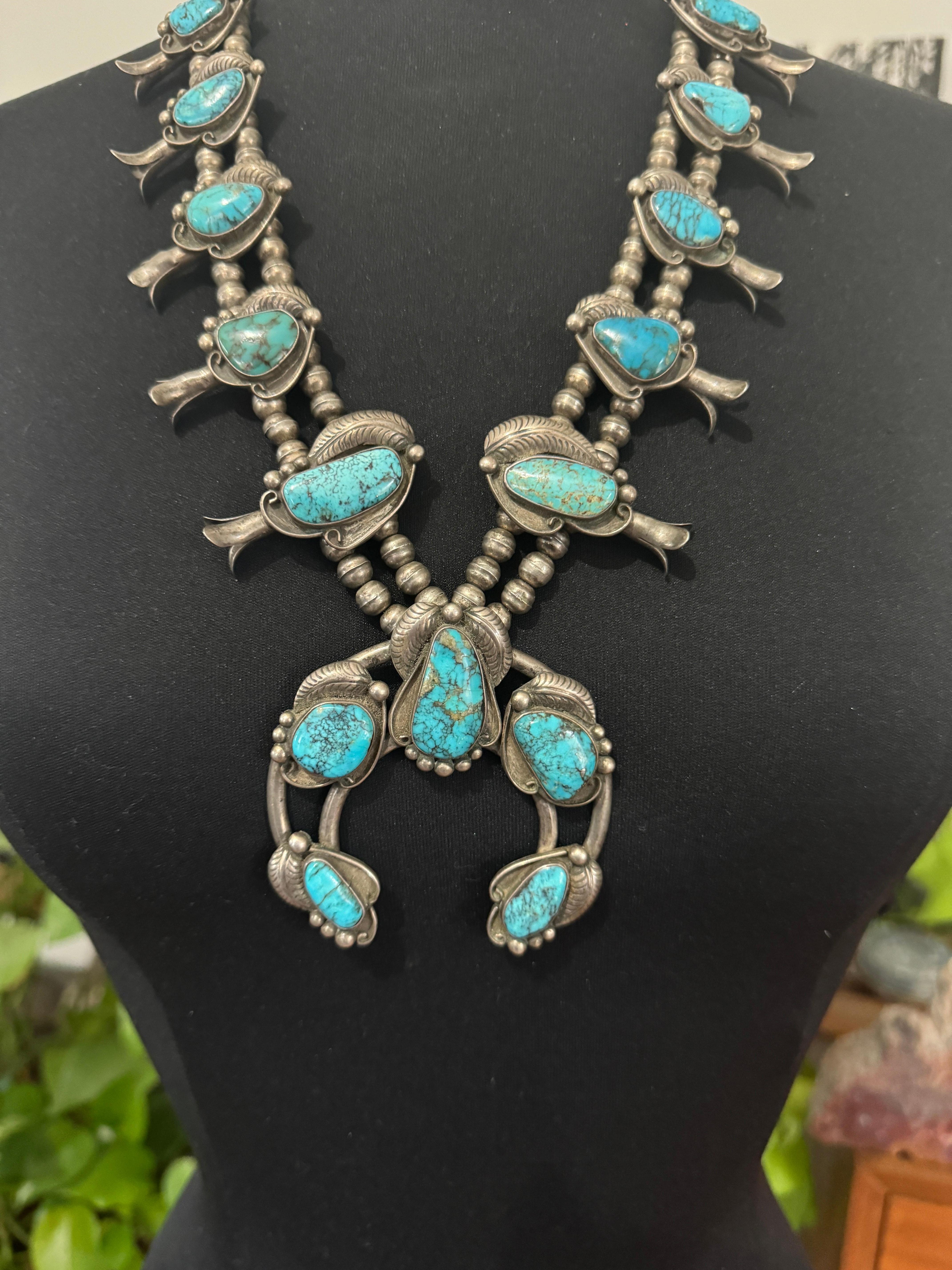 Navajo Turchese Sterling Squash Blossom Old Pawn in vendita 10