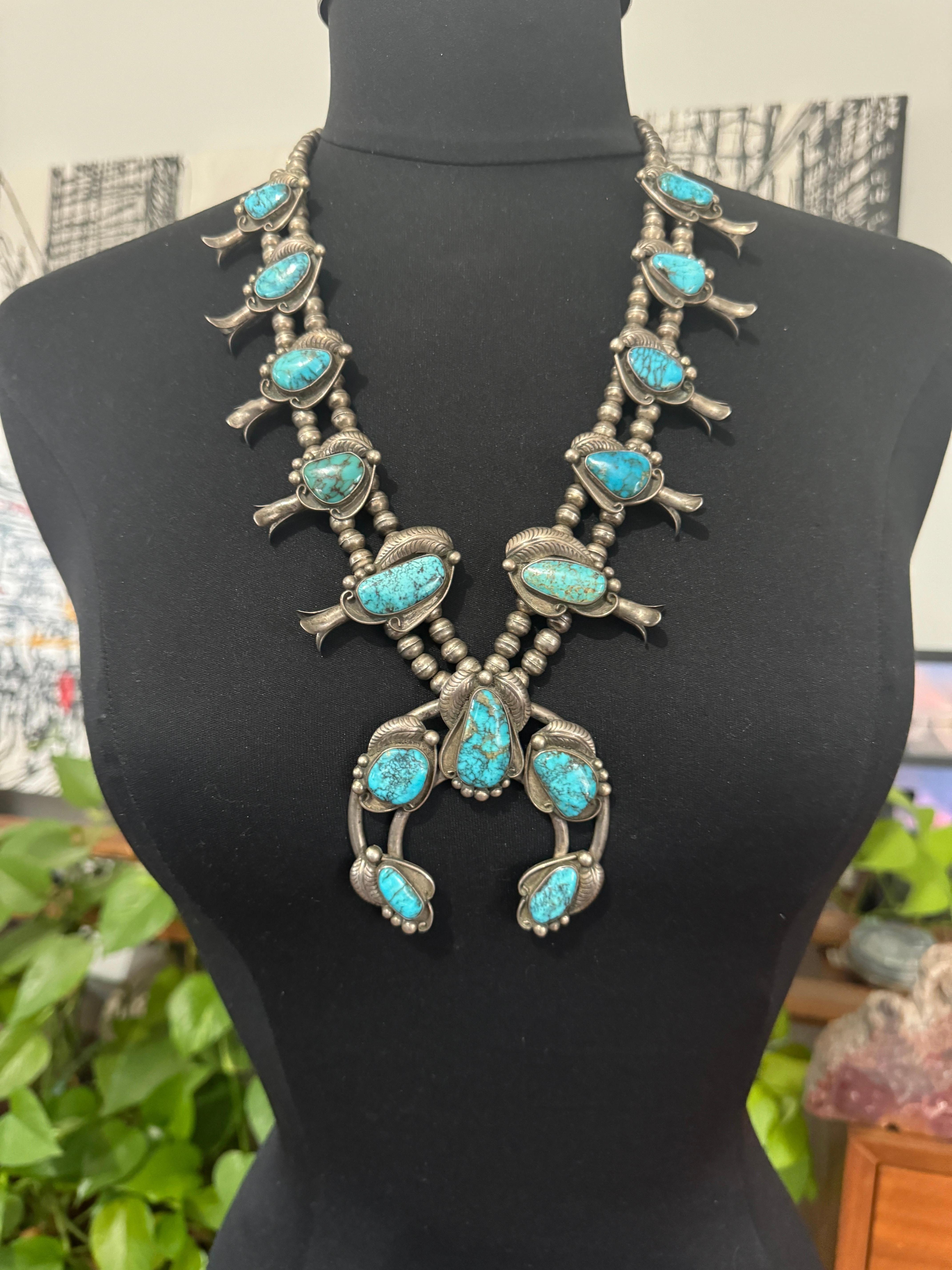 Burattato Navajo Turchese Sterling Squash Blossom Old Pawn in vendita