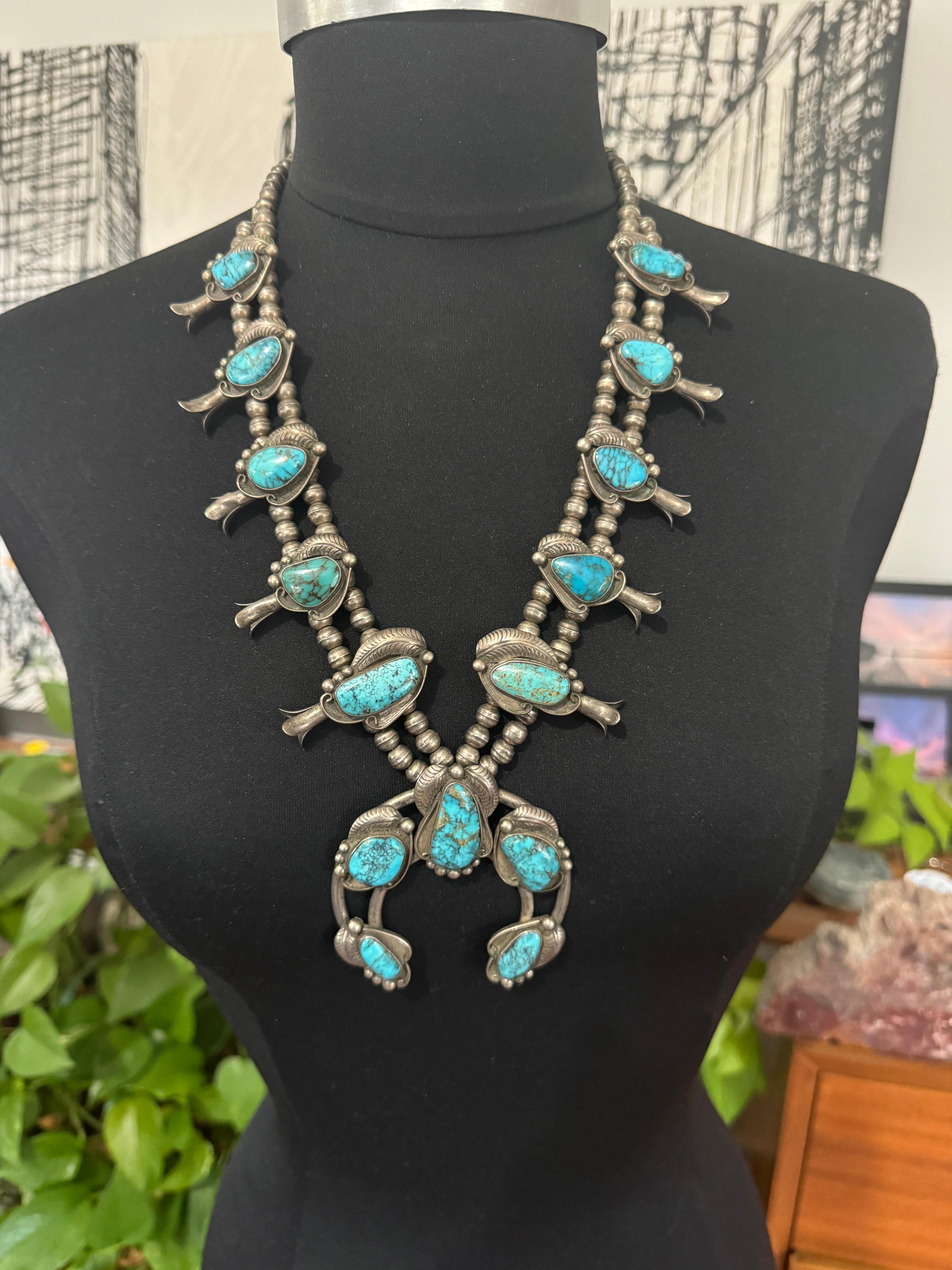 Donna Navajo Turchese Sterling Squash Blossom Old Pawn in vendita